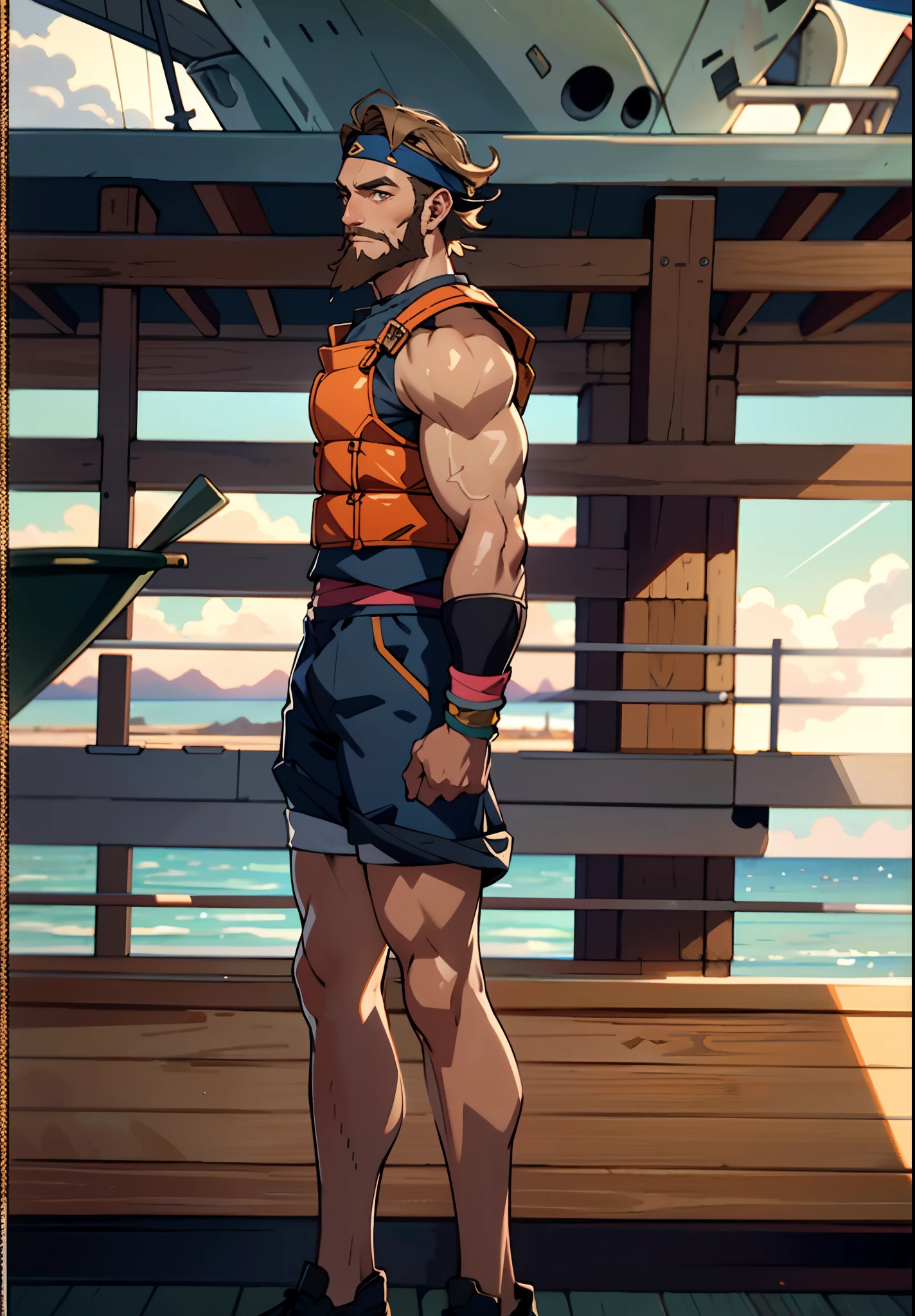 A middle-aged man with short dark golden hair, hair swept backward g, a thick headband around his forehead, deep facial features, resolute gaze, bright smile, a full beard, a tight-fitting fisherman vest, a blue-gold thick breastplate, a black tight-fitting undershirt, solid bronze muscles, a wristband on his wrist, shorts, stands on a large ship sailing on the sea, this character embodies a finely crafted fantasy-style fisherman in anime style, characterized by an exquisite and mature manga illustration art style, high definition, best quality, highres, ultra-detailed, ultra-fine painting, extremely delicate, professional, anatomically correct, symmetrical face, extremely detailed eyes and face, high quality eyes, creativity, RAW photo, UHD, 8k, Natural light, cinematic lighting, masterpiece:1.5