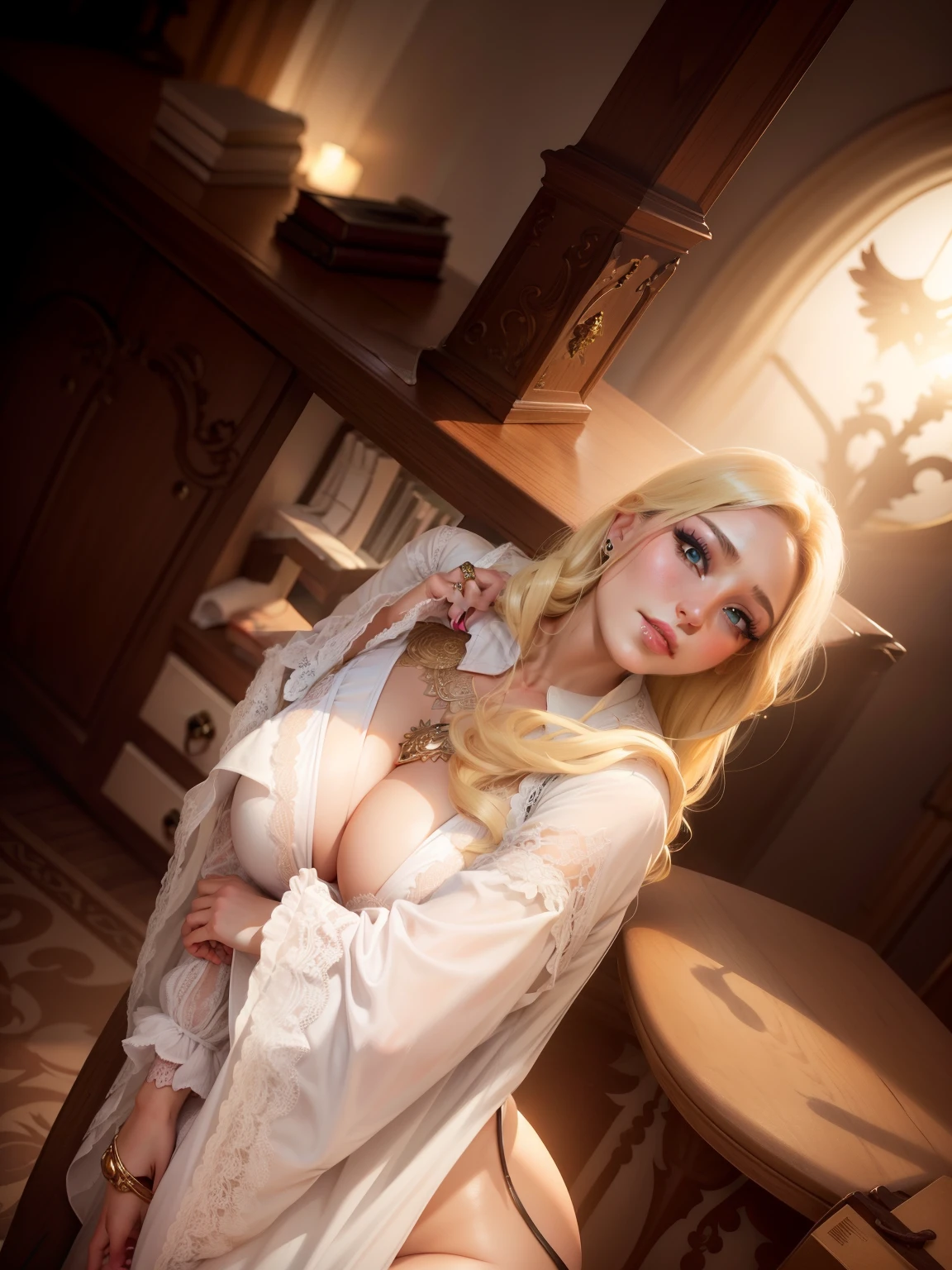 1 beautiful woman, big body, blonde, eyelid makeup, long-sleeved shirt, white shirt, cleavage,waring sexy dress