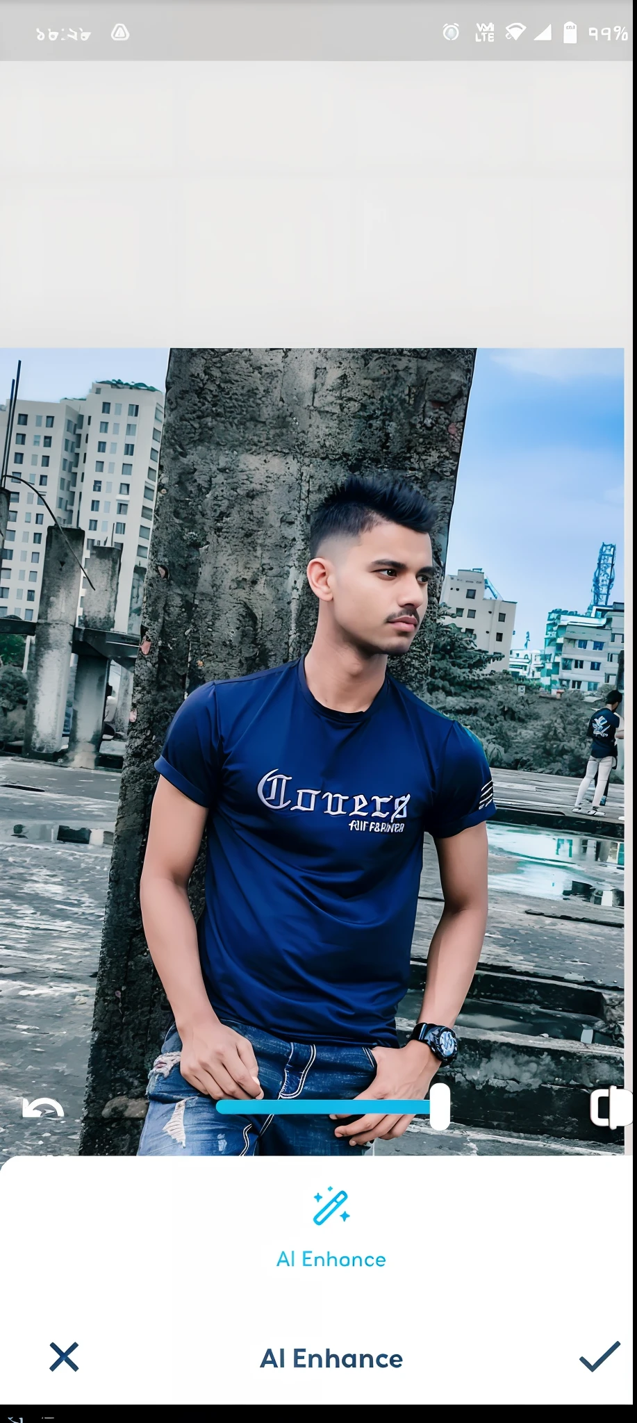 arafed man in a blue shirt standing in front of a tall building, modeling shoot, mohamed chahin style, edited in photoshop, candid picture, taken with sony alpha 9, shot on canon eos r 5, shot on canon eos r5, casual photography, shot on nikon z9, hdr photo, taken with canon 8 0 d