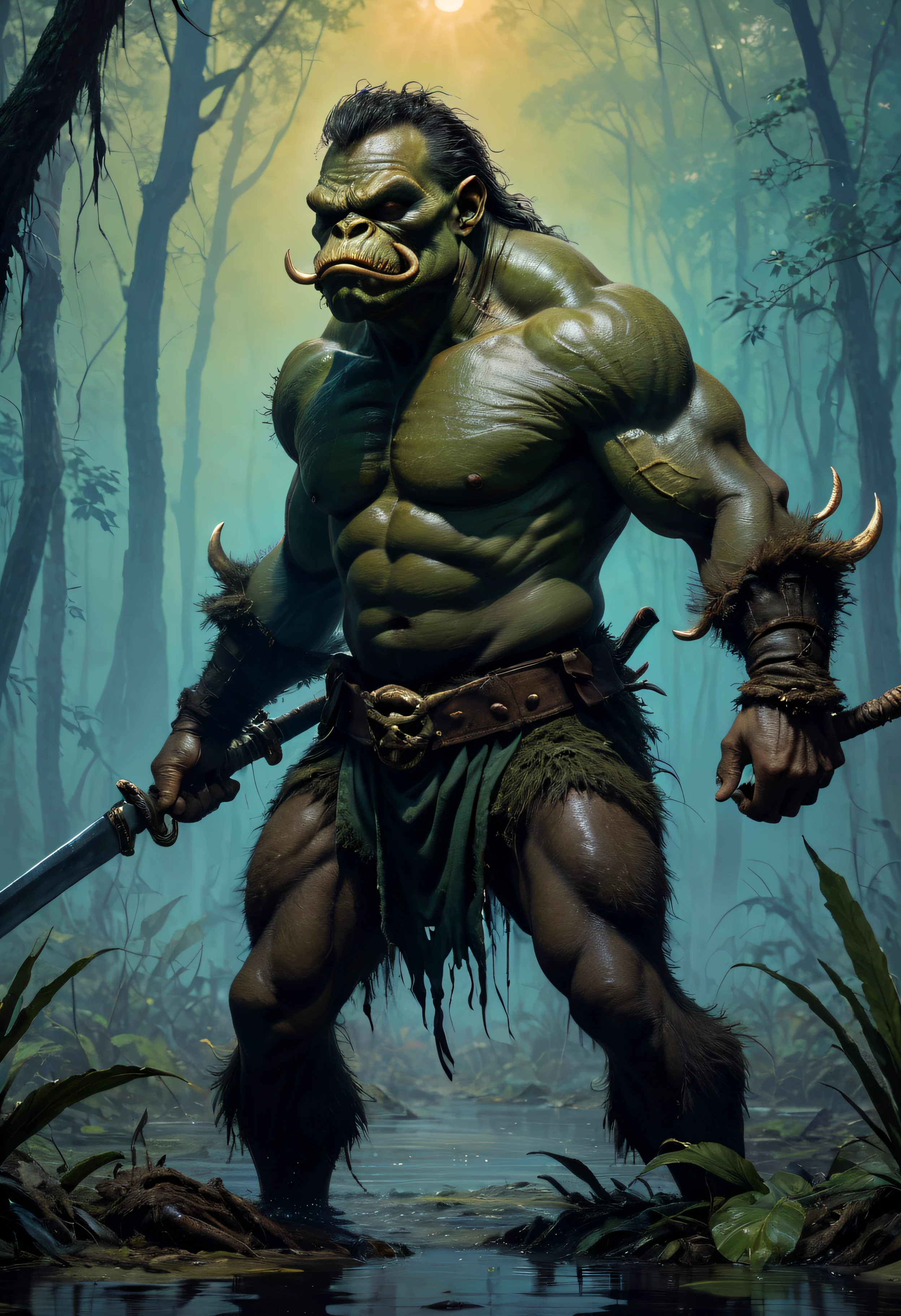 graphic violent fantasy art, in the art style of Frank Frazetta, the indomitable anthropomorphic, Swamp-Man from the movie 'the Swamp', 32k UHD, hyper realistic, photorealistic, realistic, lifelike, real life, extremely detailed, sharp, vibrant, colorful, smokey, violent, graphic, beautiful, amazing, artistic, wonderful, powerful, swashbuckling, professional quality Oil Painting