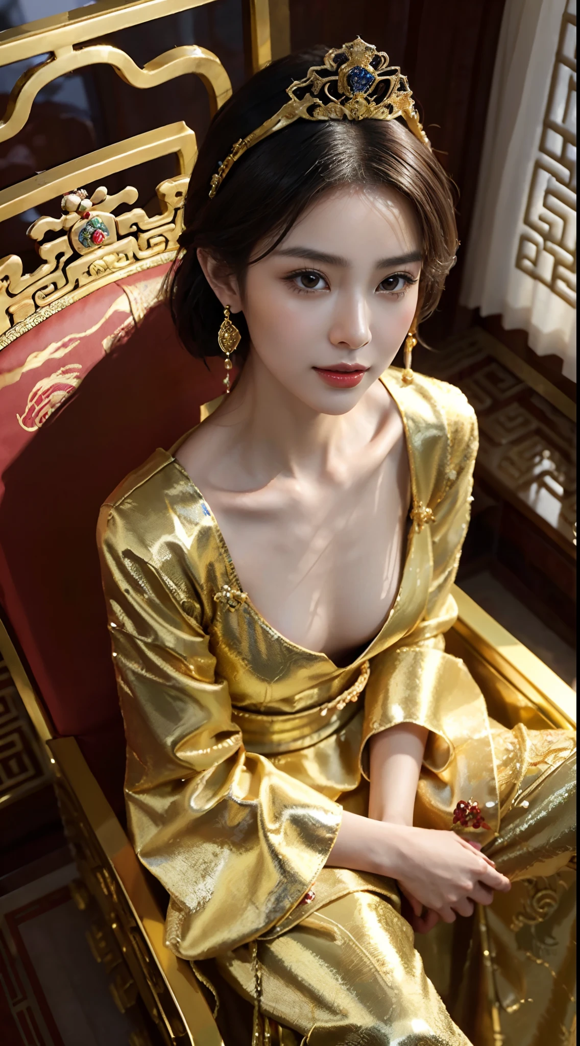 A gorgeous empress from the Chinese imperial court during the Qing Dynasty. She sits naked on a large yellow dragon embroidered sofa with her legs spread apart, her hair in double ponytails, wearing a gorgeous Chinese empress crown and a flower hairpin, and her hair is tied up and pulled up.