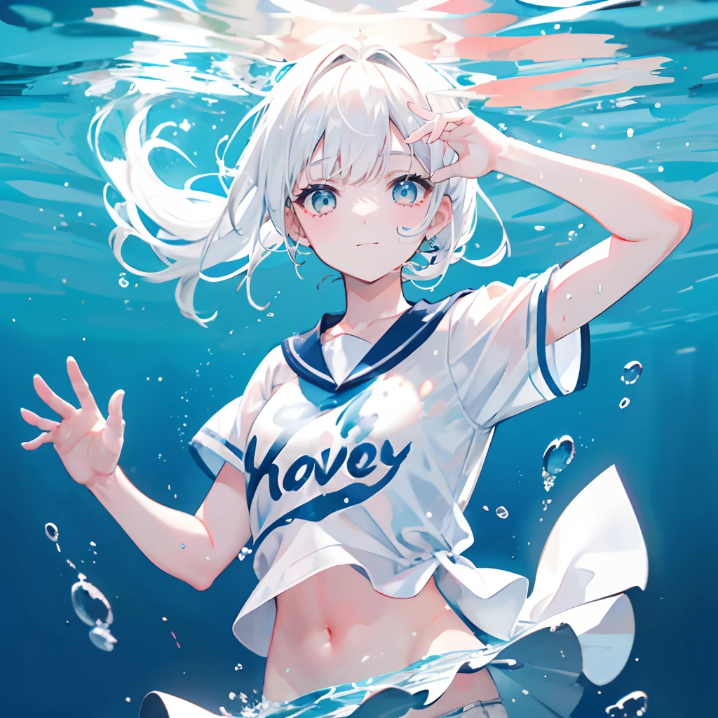 White hair，Low short ponytail，By bangs，White eyes，adolable，teens girl，white short sleeve，shorter pants，Inside the water，Under water，fully body photo，All body，Fingers and arms are not exposed，Background seabed，dive，Happy and happy expression