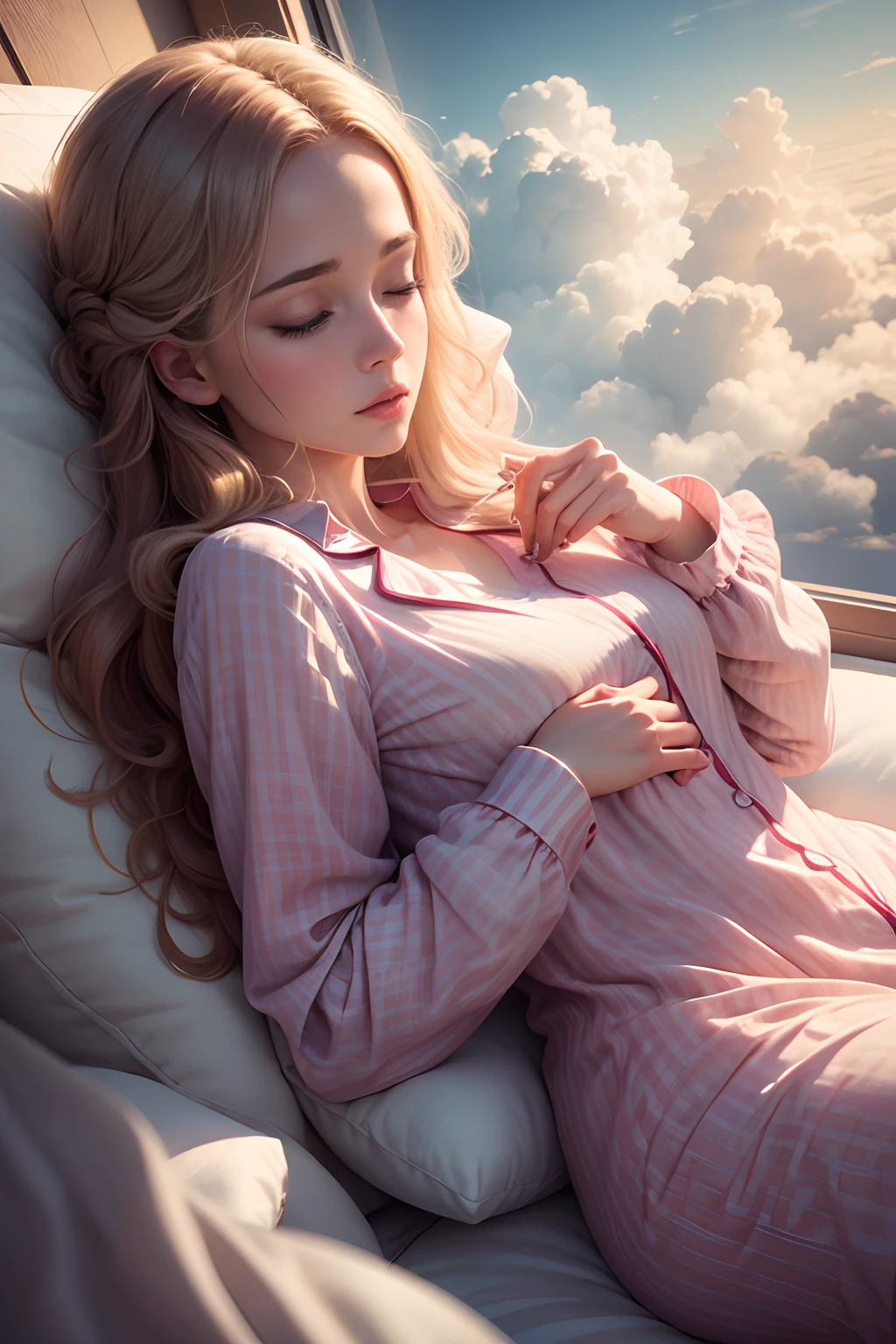 woman in pajamas sleeping in the clouds, a realistic, super detailed and complex photo, 8k,