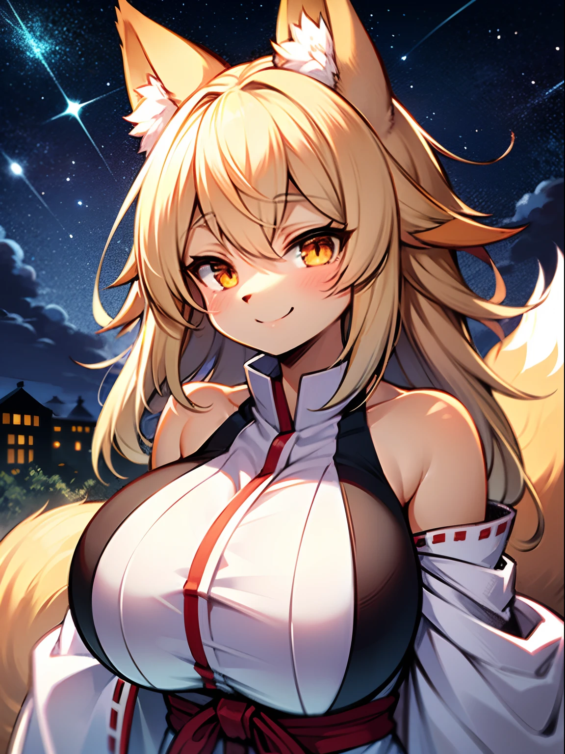  Beautiful white Kitsune, yellow eyes, highly detailed face, highly detailed eyes, big breasts, sexy figure, mature woman, several white kitsune tails, soft long white Kitsune ears, You rule a lake, a huge blue moon in the sky reflecting in the water, The forest would be burning flames blue, full of charred corpses,With a terrifying look smiling, the eyes would glow yellow,Very detailed face and eyes, Wearing blue and yellow Race Suit