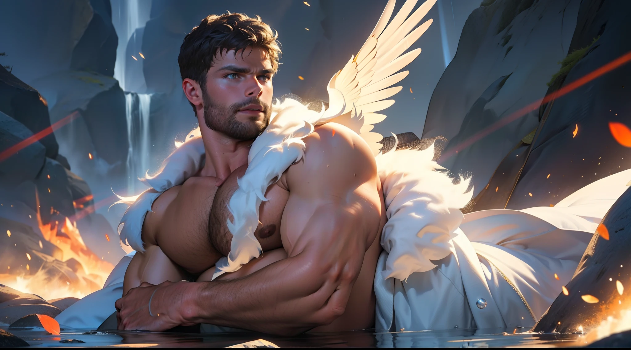 Man with large white feather wings on his back, large wings, Jamie Dornan, eyes of light, wearing a short black beard, wearing a Golden Crown, focus on the details of the face, rays coming out, serious and attractive man, shirtless, showing his chest , magical and real effect, film cover, with magical light explosions, powerful celestial warrior, similar to actor Jamie Dornan, orange magical sky image background, (8k, RAW photo, best quality, masterpiece: 1.2), (realistic, photorealistic: 1.37), professional lighting.