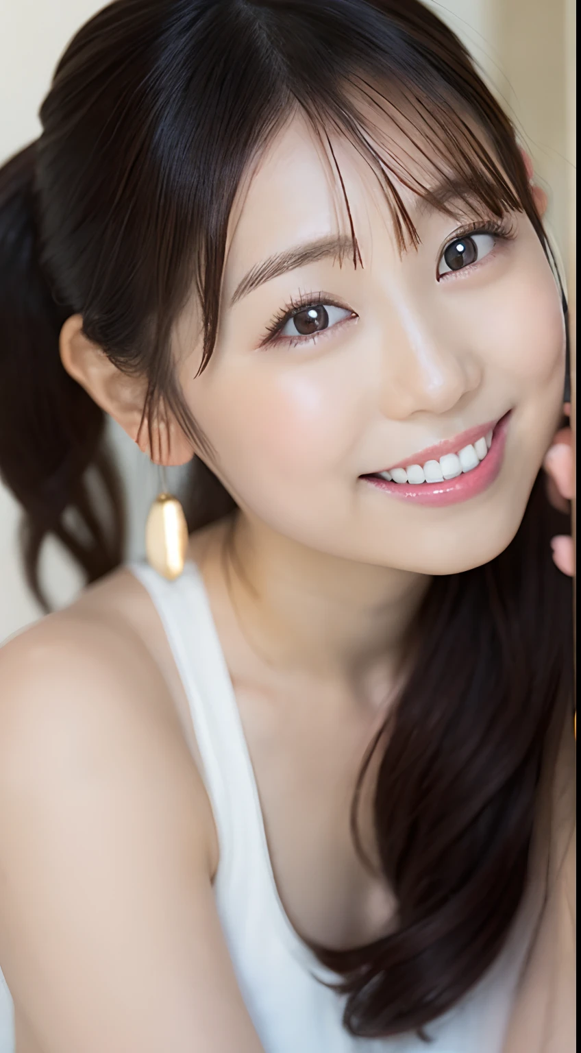 masutepiece, Best Quality, Illustration, Ultra-detailed, finely detail, hight resolution, 8K Wallpaper, Perfect dynamic composition, Beautiful detailed eyes, Women's Fashion Summer,Ponytail hair,Small breasts natural color lip, Bold sexy poses,Smile,Harajuku、20 years girl、Cute、Sexy shot looking at camera、(Haruka Fukuhara:1.2)