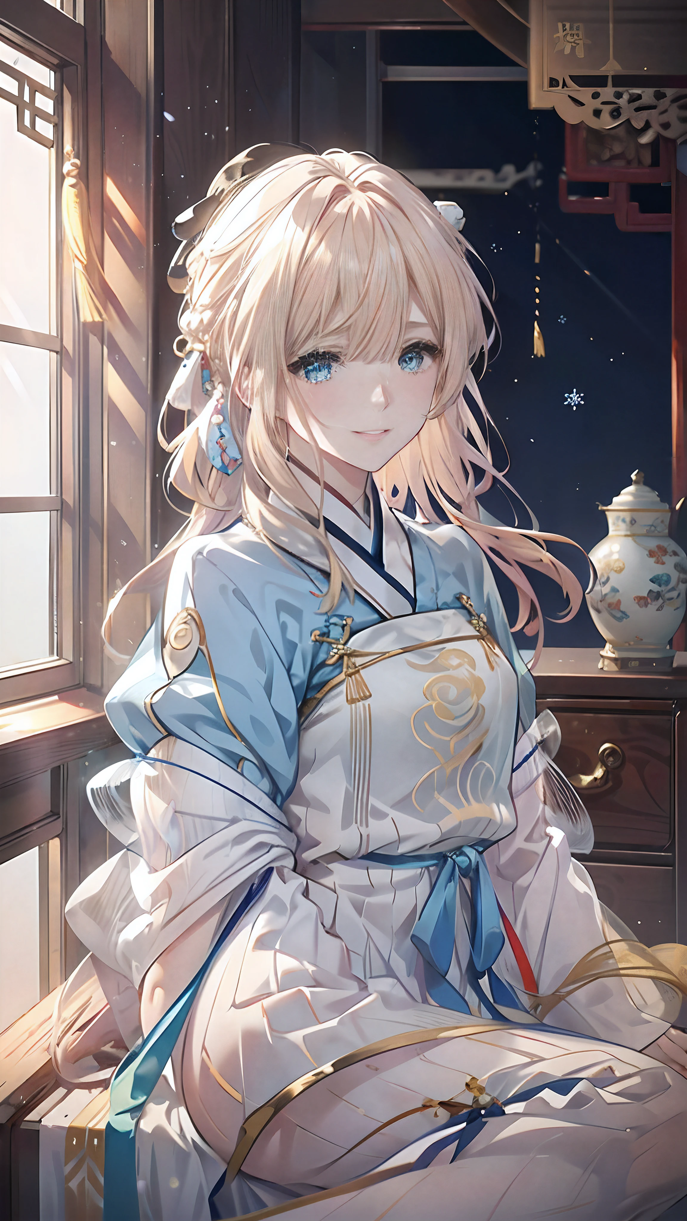 Violet，((Wear light blue Hanfu))，(Hanfu is decorated with snowflakes)，((1 Golden hairpin behind the head))，((Traditional Chinese palace))，(((Blonde hair)))，(((blue color eyes)))，((((light grin))))