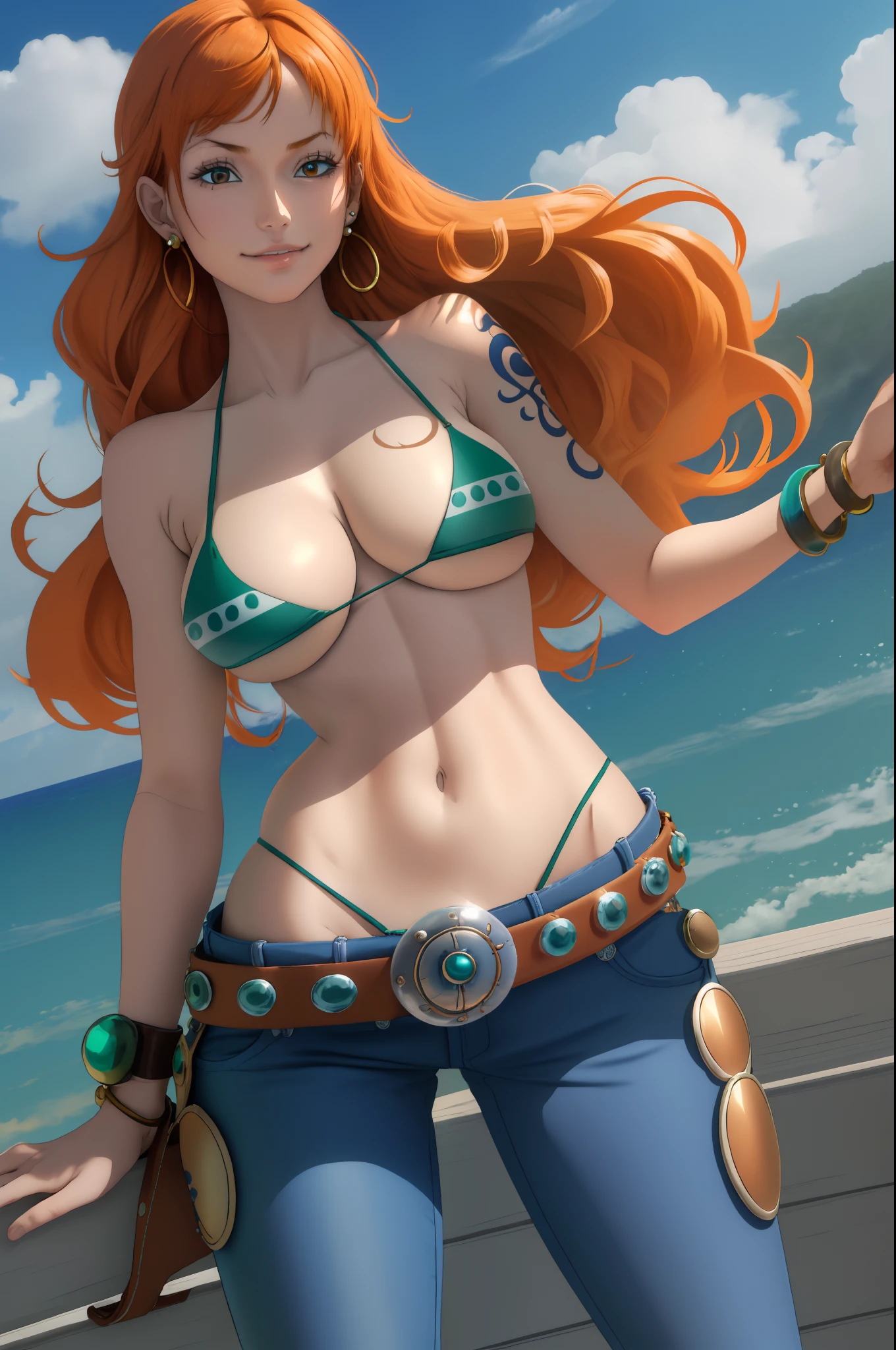 detailed background, masterpiece, best quality, 1girl,solo, nami \(one piece\), 1girl, bangle, bangs, bare shoulders, belt, bikini, bikini top only, blue sky, bracelet, breasts, brown eyes, bubble, cleavage, cloud, cowboy shot, day, denim, earrings, floating hair, green belt, green bikini, groin, jeans, jewelry, large breasts, log pose, long hair, looking at viewer, navel, orange hair, pants, shoulder tattoo, sidelocks, sky, solo, standing, (toned stomach:1.2), swimsuit, tattoo , looking at viewer,whale tail ,thong, (muscular abdomen:0.6),(energetic smile:0.8)