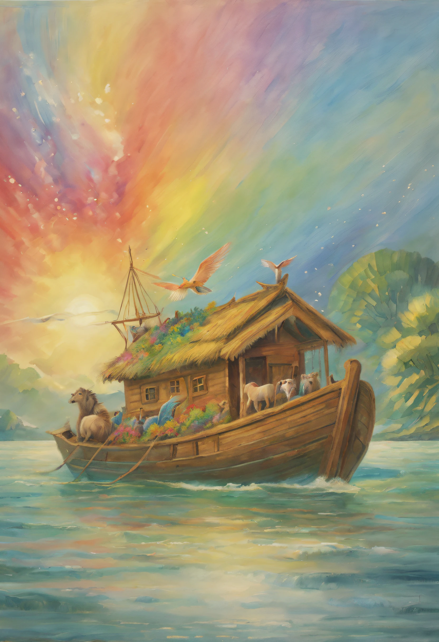 A serene, detailed painting of Noah's Ark, featuring a vibrant rainbow and diverse animal pairs peacefully embarking on their journey, surrounded by gently rolling waves and framed by lush foliage - an artistic interpretation that highlights the beauty of harmony and collaboration among species. neowrsk.