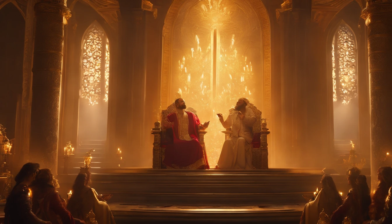 God sits on His heavenly throne and judges many people, A lot of people, Heavenly Throne, Fantastic depictions,(Best Quality,4k,8K,high resolucion,Masterpiece:1.2), Ultra-detailed, (realisitic,Photorealistic,Realistis:1.37), portrait of a, Vivid colors, studio lit, Sharp focus, physics based rendering, extreme detail description, Biblical Topics, majestic atmosphere, radiant light)