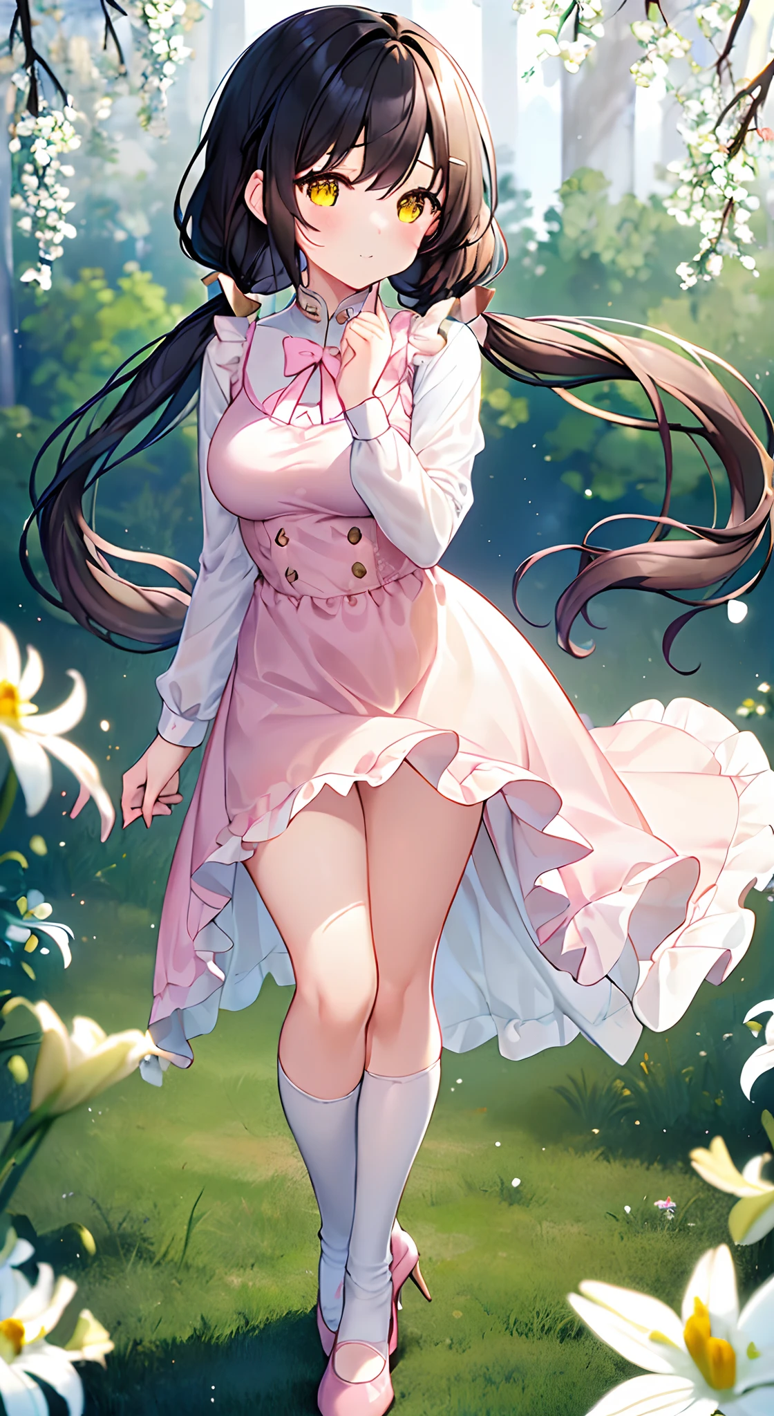 (top-quality)、(masterpiece)、(ultra-detailliert)、Beautiful girl alone、、cute little、(A dark-haired:1.7)、(Longhaire:1.4)、((low twintails:1.3))、(Peach-colored dress:1.2)、(Standing)、(Background of forest road with blooming white lilies)、plein air、Detailed skin、(A smile)、blash、(yellow eyes)、Clearing the eyes、drooing eyes、Yellow hair tie、medium breasts、Slender feet、high-heels、(Blackknee Socks:1.2)、Daytime、natural soft light、petals dancing in the wind、(Pink decoration:1.2)、、Long sleeves、scarf