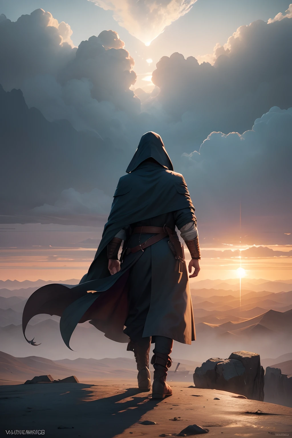 Ancient warriors in trench coats walk firmly into the distance，He wears a cloak on his head，中景 the scene is，facing away from the audience，（Vast desert:1.2），（Rolling white clouds:1.2），（Lonely smoke drifted into the sky:1.2），The smoke is thick，Eagles fly，（The setting sun shines obliquely through the clouds）,vivd colour（Light particle effect）,（Masterpiece）,（Extremely detailed picture description）,（8k wallpaper）,（Master painting）,（Ink painting style）,（Noticeable light and shadow effects）,（Ray traching）,（Obvious layers）,（depth of fields）,（best qualityer）