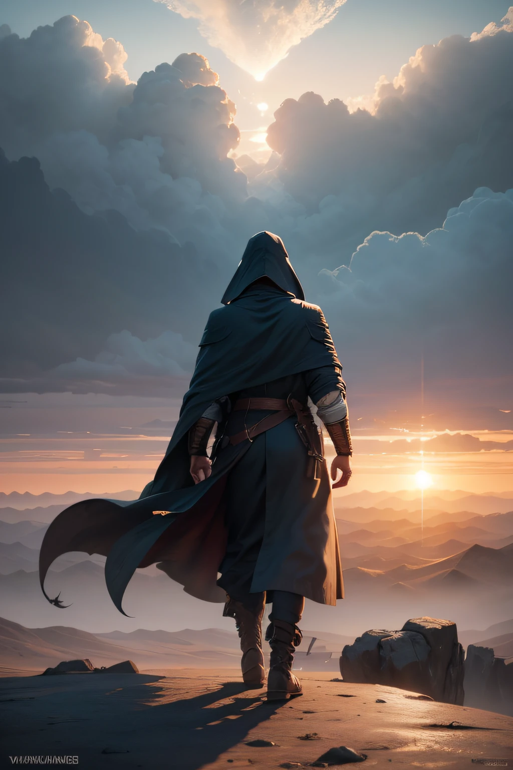 Ancient warriors in trench coats walk firmly into the distance，He wears a cloak on his head，中景 the scene is，facing away from the audience，（Vast desert:1.2），（Rolling white clouds:1.2），（Lonely smoke drifted into the sky:1.2），The smoke is thick，Eagles fly，（The setting sun shines obliquely through the clouds）,vivd colour（Light particle effect）,（Masterpiece）,（Extremely detailed picture description）,（8k wallpaper）,（Master painting）,（Ink painting style）,（Noticeable light and shadow effects）,（Ray traching）,（Obvious layers）,（depth of fields）,（best qualityer）