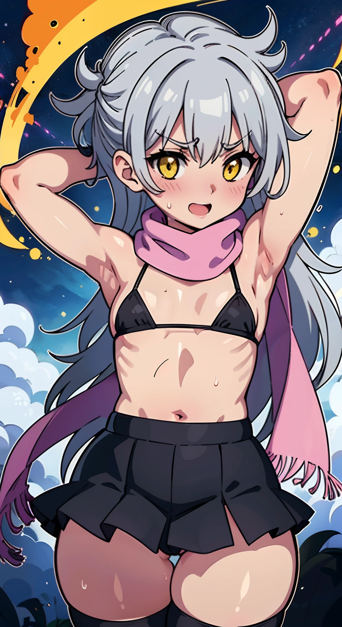 (Perfect body),Best Quality, K、NSFW、(((((Lori)))))、((((Short stature))))、blush、(V-shaped eyebrows)、Tsuriformes、:D、embarrassed from、Longhaire、(hair messy)、(Yellow eyes),((Gray hair)),(Sweat)、Black knee socks、((Black Bikini))、(a miniskirt)、((Pink scarf))、((Big ass))、(((flat chest)))、(((thick thighs)))、(Hands behind the head)、Armpits、Electronic space、