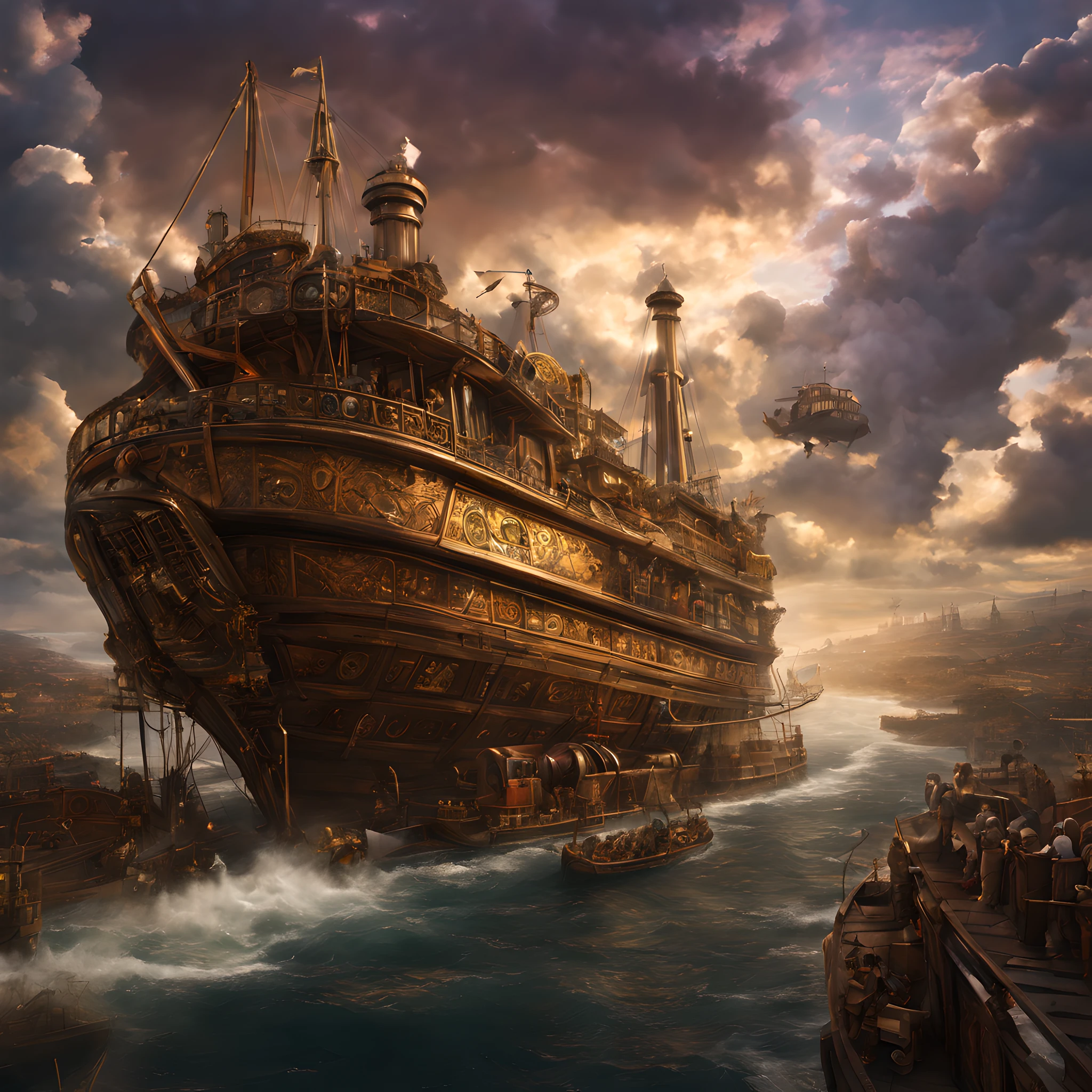 Composition: Craft a captivating and intricately composed scene within a fantastical steampunk world. The focus of the image should be on the grandeur of Noah's Ark, which looms magnificently in the foreground. Its colossal size should be emphasized, creating a sense of awe. The composition should convey a sense of adventure and hope, with an air of mystery and discovery. The viewer's gaze should be drawn towards the ark, anticipating the journey it represents.

Noah's Ark: Noah's Ark should be a masterpiece of intricate steampunk design. It should have multiple decks, each filled with mechanical wonders and contraptions. Gearwheels, cogs, and brass adorn its exterior, and a colossal steam-powered engine should be visible at the rear. Make sure to convey the impression of a vessel capable of withstanding any storm and carrying the world's biodiversity.

Background: The steampunk world surrounding Noah's Ark should be richly detailed, featuring towering, industrial cityscapes in the distance. The sky should be painted in shades of orange and purple, hinting at a dramatic sunset, with airships and steam-powered vehicles dotting the horizon. The atmosphere should be filled with a sense of optimism and promise, symbolizing the salvation of life within the Ark. The image should be of the highest resolution, capturing every intricate detail of the ark and the imaginative steampunk setting.