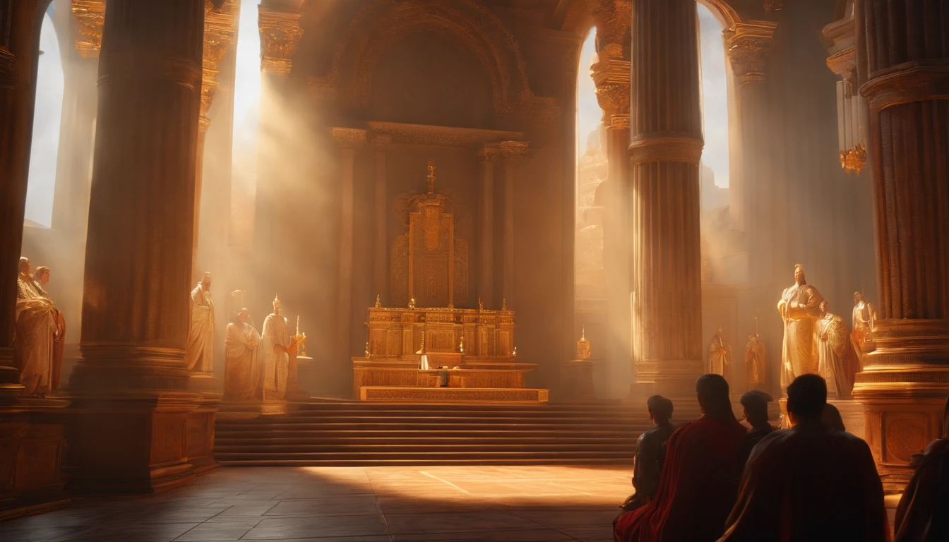 God sits on His heavenly throne and judges many people, A lot of people,  Heavenly Throne,  Fantastic depictions,(Best Quality,4k,8K,high resolucion,Masterpiece:1.2), Ultra-detailed, (realisitic,Photorealistic,Realistis:1.37), portrait of a, Vivid colors, studio lit, Sharp focus, physics based rendering, extreme detail description, Biblical Topics, majestic atmosphere, radiant light)