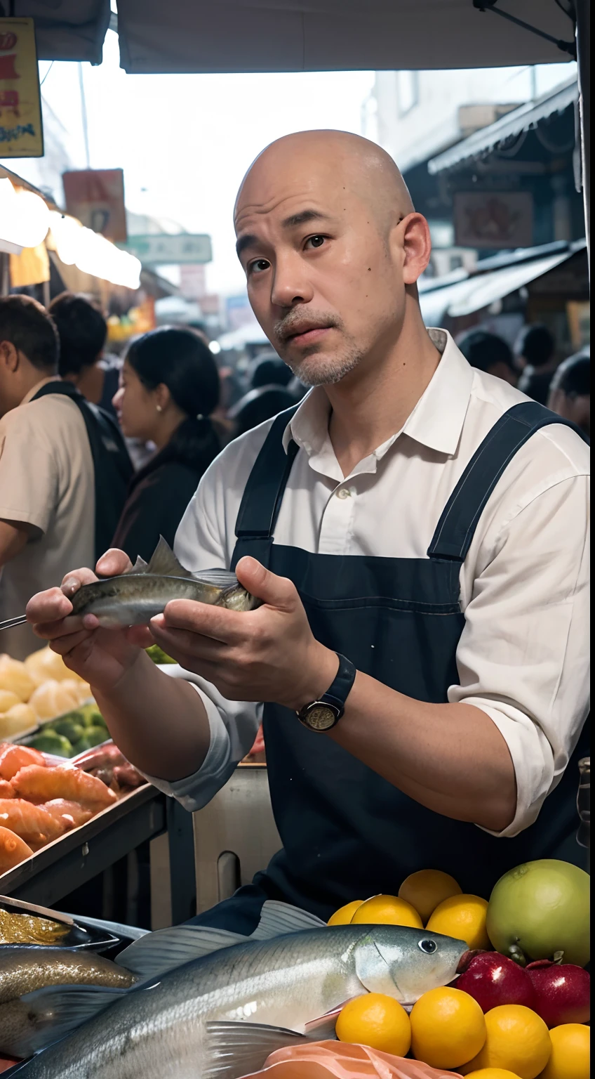 A guy sitting on a chair in the bustling Divisoria market, passionately selling a variety of fresh fish. He is a semi-bald man wearing a simple and comfortable sando, which adds to his casual appearance. His eyes are sharp and filled with determination, as he engages with customers and negotiates prices. His lips are slightly curled downward, showing a touch of anger and intensity. The market is filled with vibrant colors and bustling activity, creating a lively atmosphere.
The fish he sells are meticulously displayed on ice in open trays, showcasing their freshness and quality. The market-goers are attracted by the wide selection of fish, ranging from local favorites to exotic catches. From time to time, the man gives detailed descriptions of each type of fish, highlighting their flavors and uses in various dishes. He takes pride in his expertise and extensive knowledge of the seafood he sells.
The scene is set in the early morning, with the warm sunlight penetrating through the market's vibrant canopies, creating unique patterns of light and shadows. The air is filled with the distinct smell of seafood, mingling with the energetic voices of customers and the occasional bargaining haggles. The market is reminiscent of a chaotic symphony, with each person and stall playing their part in the bustling rhythm.
The overall image quality is of the highest standard, capturing all the intricate details of the fish, the man's expression, and the market's vibrant ambiance. The colors are vivid and realistic, enhancing the visual impact of the scene. The prompt aims to elicit a sense of realism and energy, immersing the audience in the lively atmosphere of the Divisoria market.