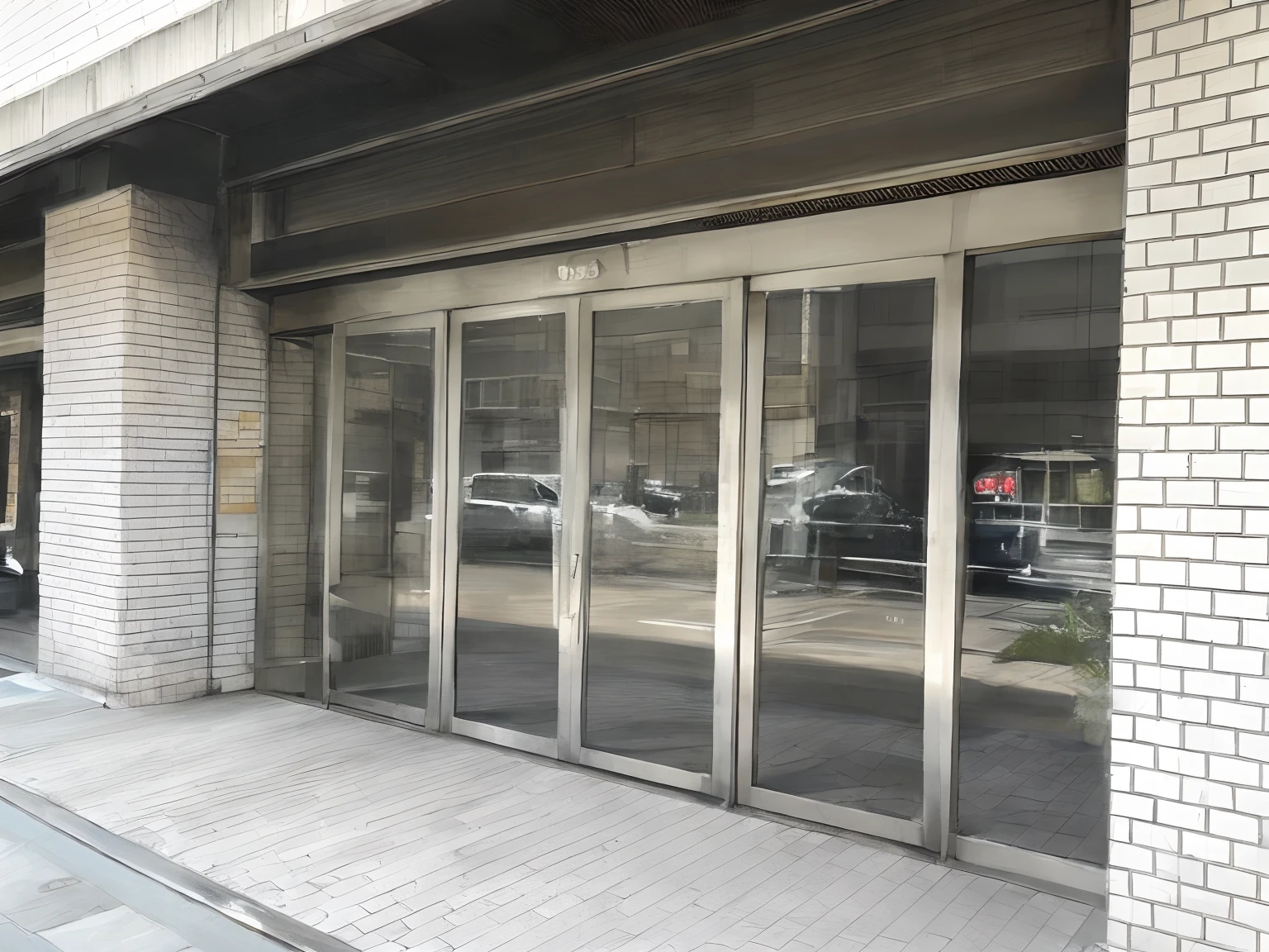 A la Fed glass door of the building where the car is parked in front, entrance, momoshiki ōtsutsuki, kantoku, yoshiku, [ photos realistic ]!!, koji morimoto shinjuku, street level view, storefront, Seen from the outside, set in tokyo bank parking lot, gate, araki, Outside view