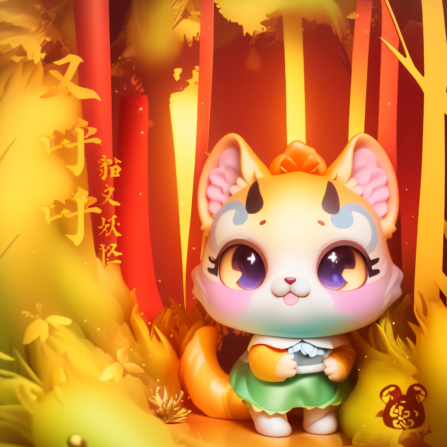 There is a cartoon cat，There is a fish in his paws, 3 d littlest pet shop cat, feng zhu |, kitsune three - tailed fox, Kitsune, shui mo hua, feng shu, 3 d littlest pet shop animal, 3d littlest pet shop animal, fox from league of legends chibi, kitsune holding torch, Two-tailed fox,Three-dimensional