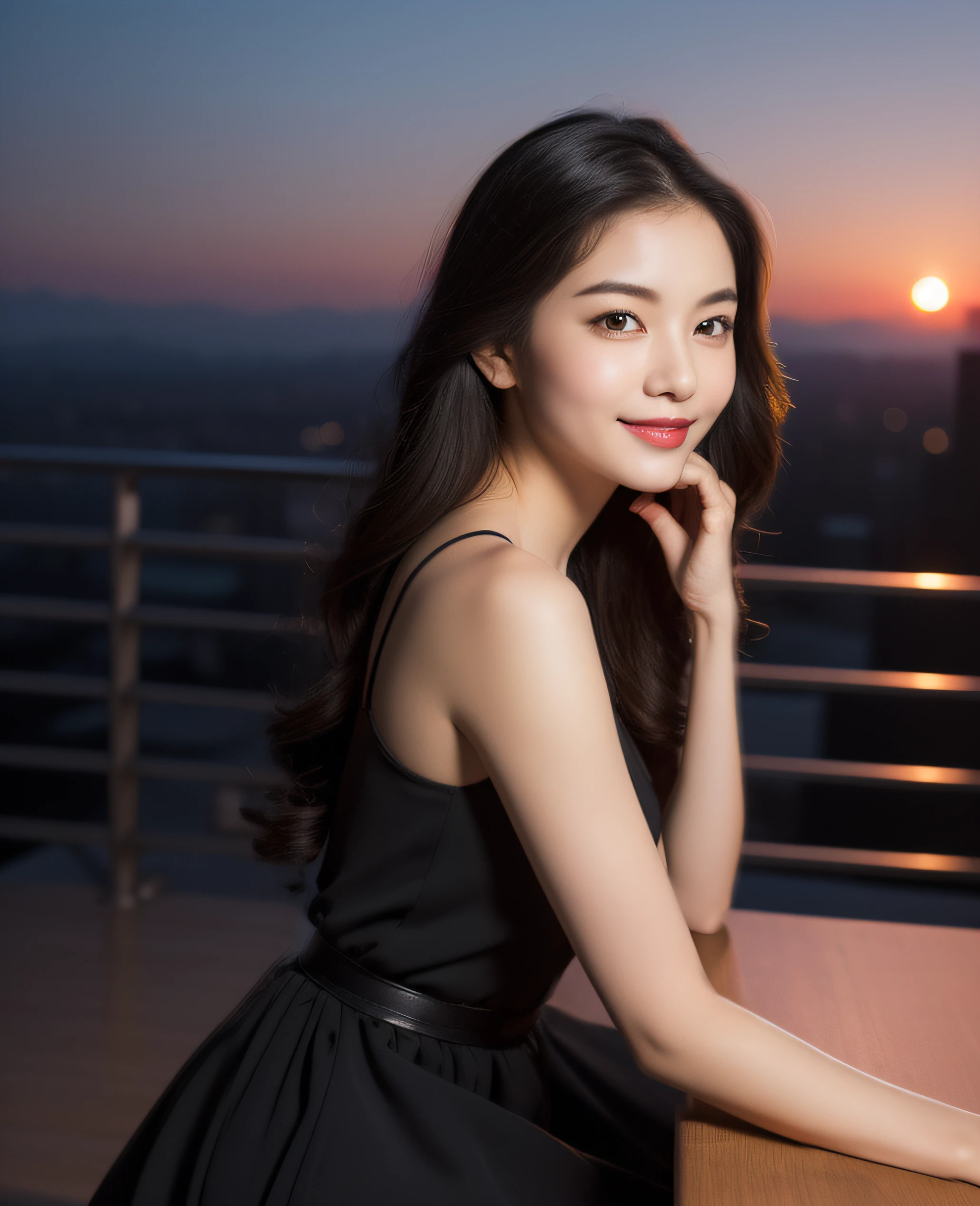 Sunset, ((highest resolution, 8K, masterpiece 1.3)), beautiful girl, pure, melon face, gentle and cute, sweet smile, pure desire, slender body, ((facing the camera)), (tilting her head) ), back, chic black adult dress, long smooth black straight hair, long flowing shoulders, round black big eyes, clear big eyes, moist red lips, sweet, sitting on a chair, night view terrace background, ((waist shot)),