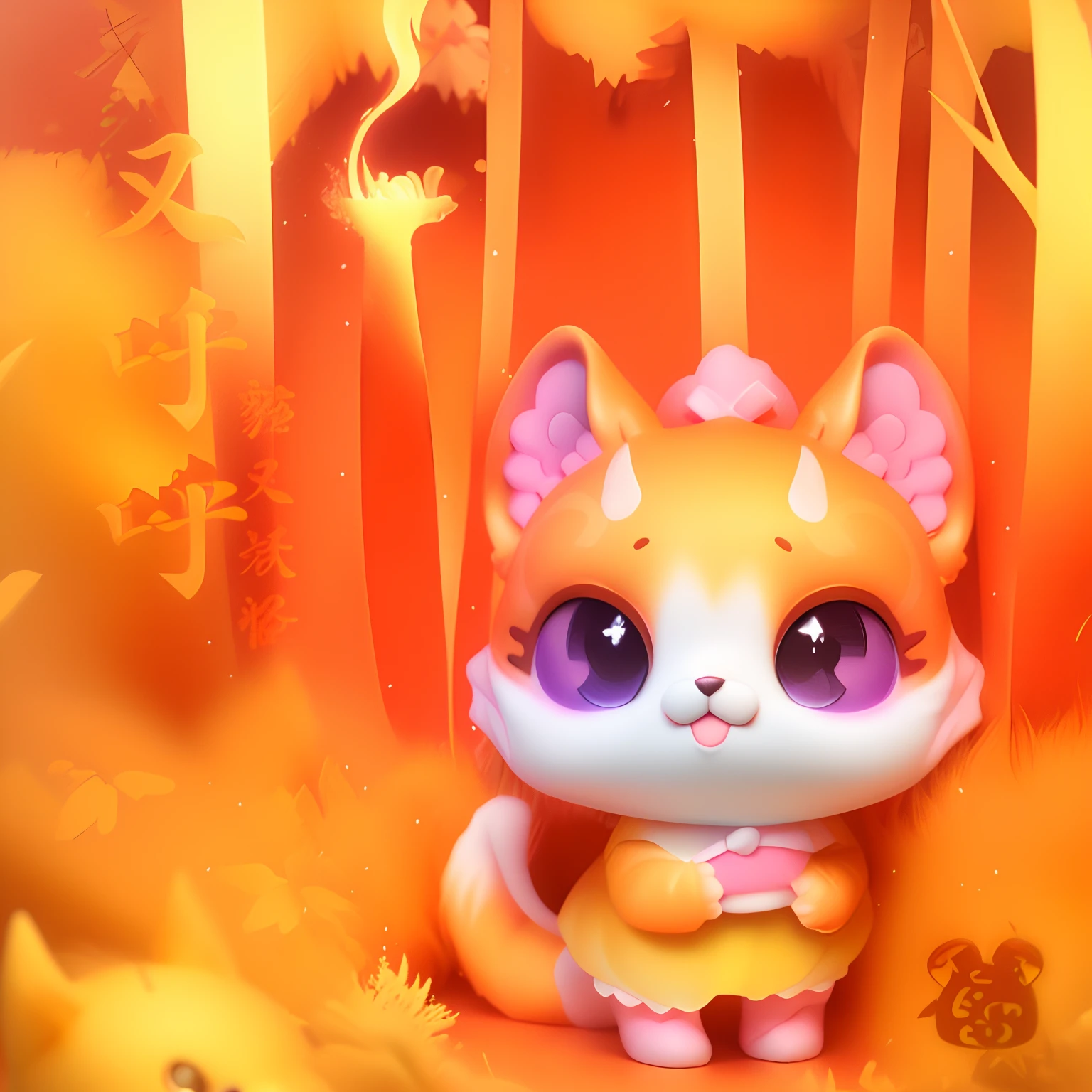 There is a cartoon cat，There is a fish in his paws, 3 d littlest pet shop cat, feng zhu |, kitsune three - tailed fox, Kitsune, shui mo hua, feng shu, 3 d littlest pet shop animal, 3d littlest pet shop animal, fox from league of legends chibi, kitsune holding torch, Two-tailed fox,Three-dimensional
