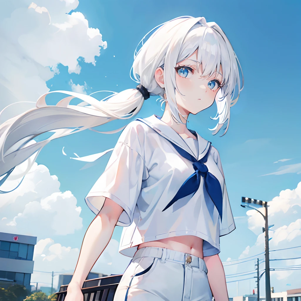 White hair,Low double ponytail,By bangs,White eyes,adolable,teens girl,white short sleeve,shorter pants,fully body photo,All body,Fingers and arms are not exposed,Blue sky and white clouds on background street