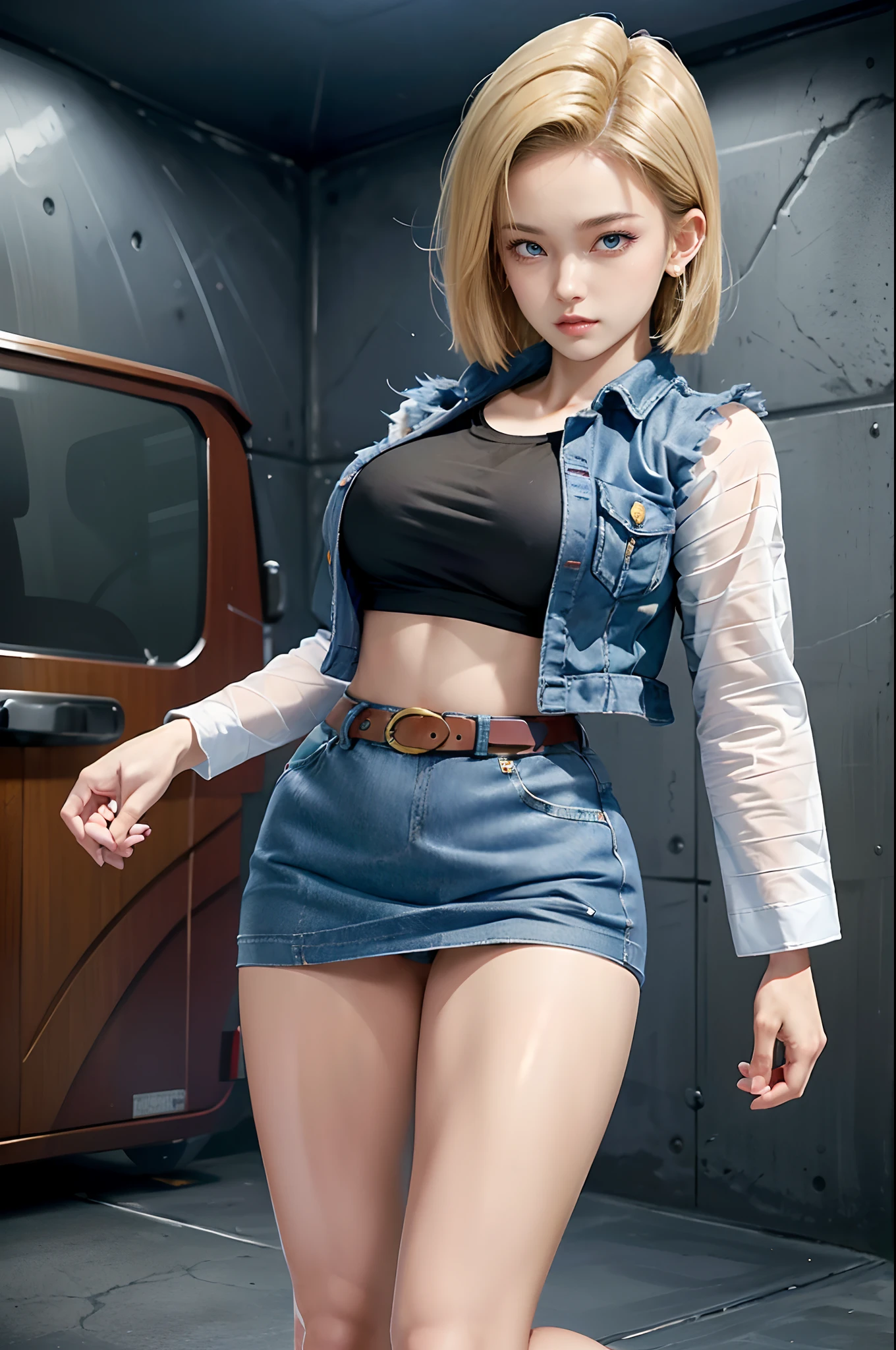 Hyper detailed image, UHD, 16k, professional photo, (Realistic photo of Android-18 From Dragon Ball Z) girl Goddess of beauty, very straight short blonde hair, serious face expression, ((she wears a blue denim jacket and a cropped white shirt, short white underground showing flesh of the breast)), erotic, open denim jacket showing her impressive, beautiful and perfect big breasts, ((natural sagging breasts, breasts, ultra giant pointed long breasts sticking out of the jacket)) full breasts, body big skinny, curvy, pert ass, she wears a belt and a (((blue denim skirt raised she doesn't wear panties, pussy showing, pubic hair showing, lifting her skirt with her hand))), thick legs open, grinning showing thong stuck in pussy, flexible body, brown boots, perfect hands and fingers,
  android 18, sexy saiyan girl, she releases blasts of power, ki, Official Art, Android-18 Sexy female, official art of the character, sexy female protagonist, curved body, thin and toned, legs open, exposed, micro thong threaded into her pussy:8, Akiri Toriyama, Director: Akira Toriyama, Bulma from Dragon Ball, Best Anime Character Design, Style Akira Toriyama, unique character beautiful, semi-nude, (great lighting) (pussy, Pornography, pubic hair), ( without panties showing pussy)