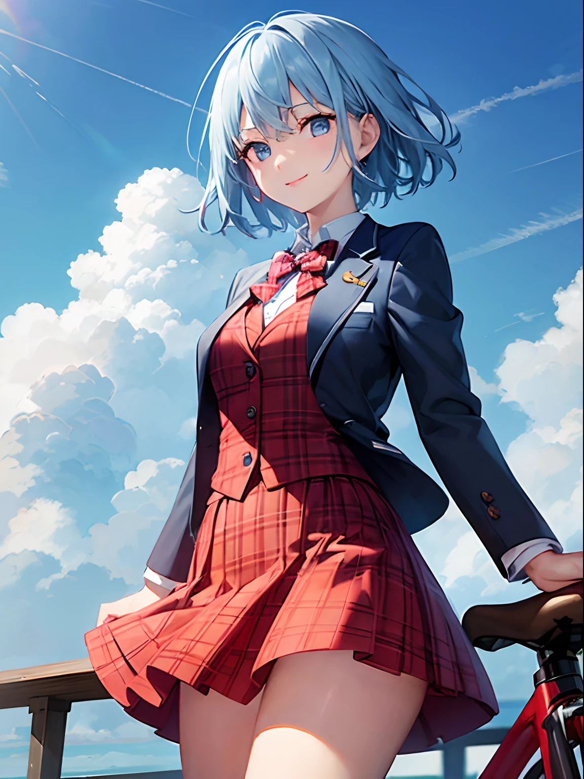 rides a bike、Drive a bike、one girls、Photograph the whole body、short-hair、pale blue hair、blue eyess、blazers、(Plain white shirt)、(red bowtie)、(Red plaid skirt)、Black stockings、A smile、red tide、hightquality、best qualtiy、Blowing in the wind、