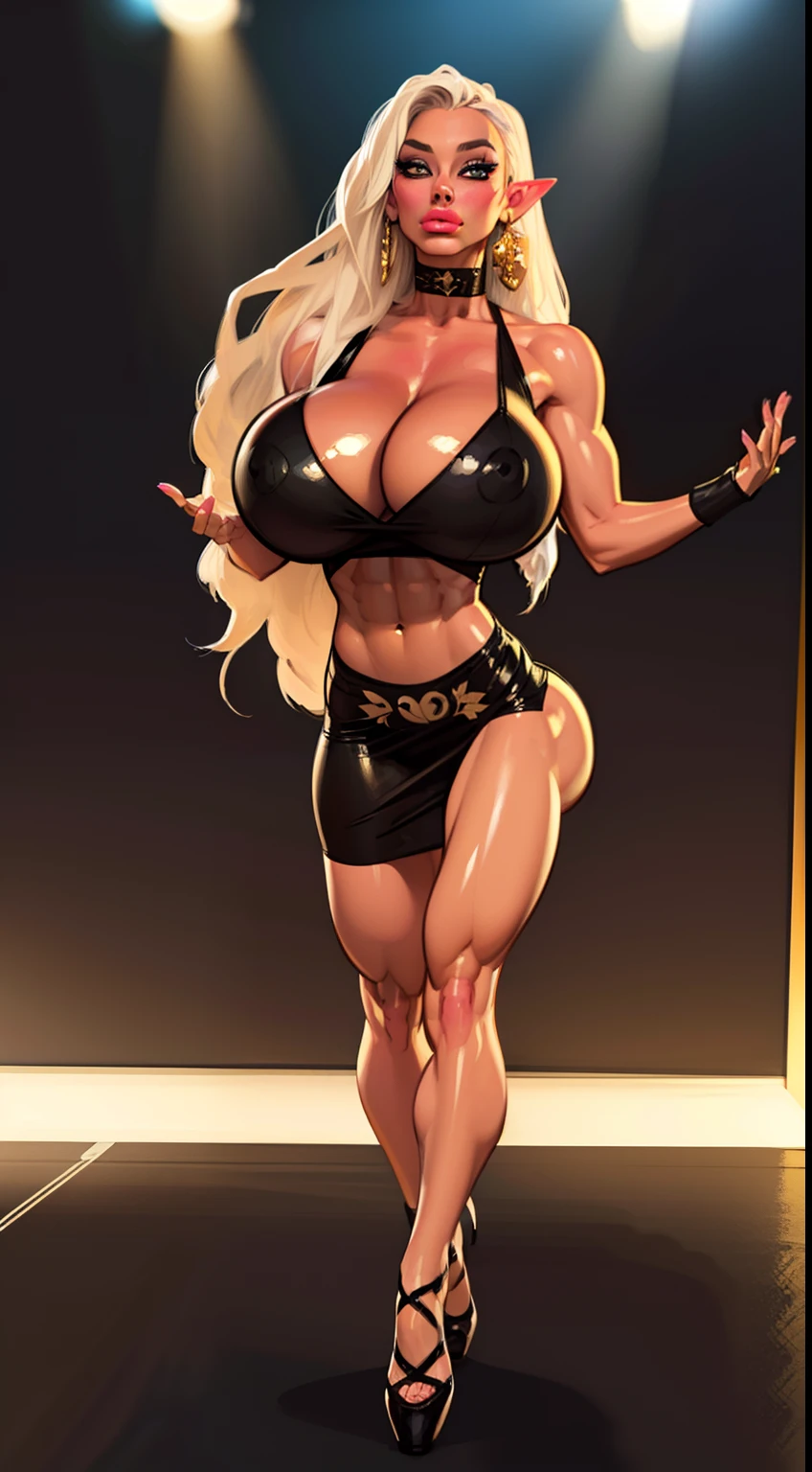 1 woman, fantasy elf, dress, nighclub setting ((above view:1.4)), (masterpiece)),(((best quality))),((character)), ((full body view)) ((seductive pose)) mature face, defined cheekbones, high cheekbones, illustration, girl, muscular, ((choke collar)), ((muscular:1.5)), sexy bimbo, (gigantic breasts:1.7) ((detailed face:1.4)) A shimmering adorned in (dark theme:0.9), medieval upper body of a woman sharp features, pointy ears, platinum hair, (((long straight hair:1.5))), sophia loren, makeup, eyeliner, eyelashes, mascara, black skin, gold sexy dress, cleavage, gigantic breasts, ultra-detailed complex 3D rendering of face, (big breasts: 8.8), (highly detailed skin: 1.2), (exposure: 1.1), red lipstick, earrings, grim, cold stare, dark colors, Volumetric lighting, baroque oil painting by Greg Rutkowski, Artgerm, WLOP, dynamic angle, mystical expression, dark glow effect, fantasy background, rim lighting, side light, cinematic light, ultra high definition, 8k, film grain,best shadow, light particles, navel exposed, detailed skin texture, detailed face, intricate details, super detailed, dark, strong, cleavage, slender detailed abs, fantasy, (realistic), exposed midriff, detailed eyes, ((slendered abs)),((huge breasts:1.9)), (full bodied), wide hips, (fake lips:1.5), Alphonse Mucha dynamic lighting hyperdetailed intricately detailed, (hdr:1.22), muted colors, complex background, hyperrealism, hyperdetailed, amandine van ray, shiny skin, scribbles and marks,(puffy lips:1.5) , rough sketches, 8k,16k, ((dance club:1.5)),
