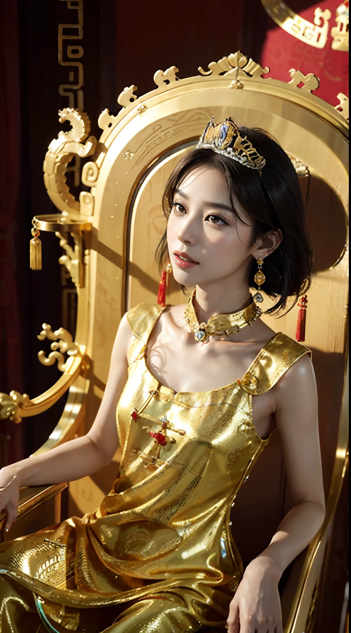 small head, (perfect bodies: 1.1), (short-length straight black short hair: 1.2), （极其细致的CG 8k壁纸），（Extremely refined and beautiful），（masterpiece），（best qualtiy：1.0），（超高分辨率：1.0），[A high resolution]，cheerfulness，Smile,(Smooth and flawless fair skin:1.5),(shiny skin:1.5),ultra - detailed,(Small breasts:1.1),Flat chest,Slim,thin,(gorgeous golden Chinese Dragon style empress Evening long Dress:1.4),jewels,Necklaces, earrings, rings, bracelets,collar,(in Luxury Chinese Palace:1.5)，from front，from below,(Close shot:1.3),cowboy shot,Portrait,(Sitting upright on the big throne:1.5)