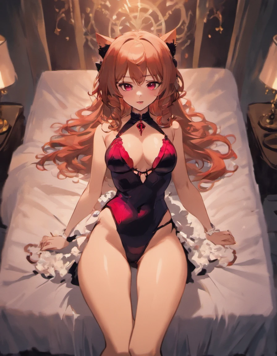 (realistic), wearing lingerie, with seductive eyes, red lipstick, and high heels. The room is dimly lit with soft candlelight, creating a romantic atmosphere. (Futa), looking down at you, (fox girl) muscular body, long curly hair, brown skin tone, on a bed