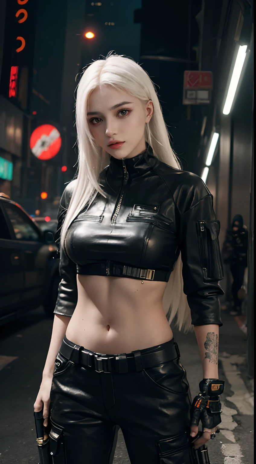 a beautiful attractive slender female humanoid android, long white wavy hair, gray eyes, extremely detailed face and eyes, beautiful detailed lips, worn gray overcoat, worn black ripped pants, futuristic city background, cinematic lighting, intricate details, 8k, photorealistic, concept art