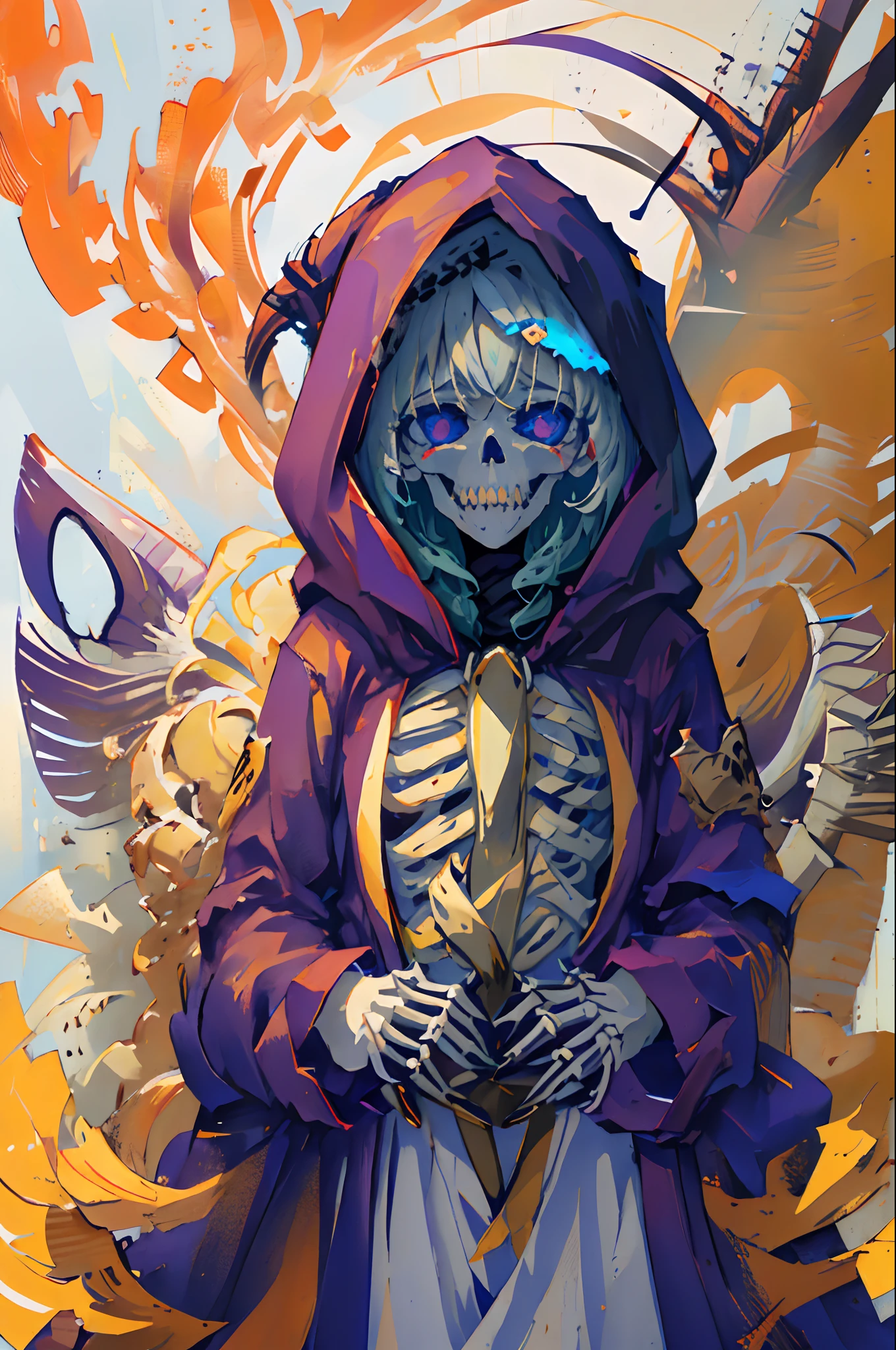 (masterpiece:1.3),(best quality:1.2),8k,absurdres,unity 8k wallpapper,(extremely detailed:1.3),highestres,
1girl,scarecrow head, hood up, robe,claws,(skeleton:0.9),reaper,solo,long fingers,portrait,