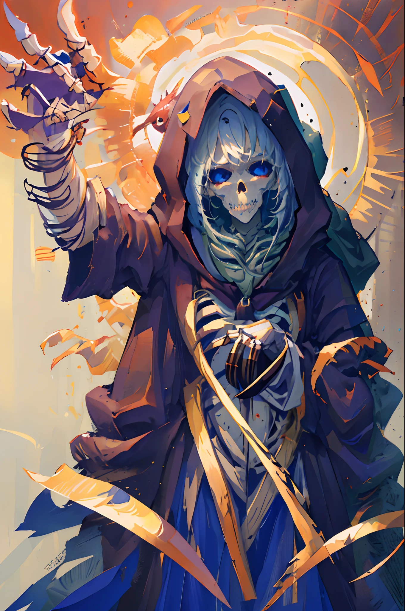 (masterpiece:1.3),(best quality:1.2),8k,absurdres,unity 8k wallpapper,(extremely detailed:1.3),highestres,
1girl,scarecrow head, hood up, robe,claws,(skeleton:0.9),reaper,solo,long fingers,portrait,