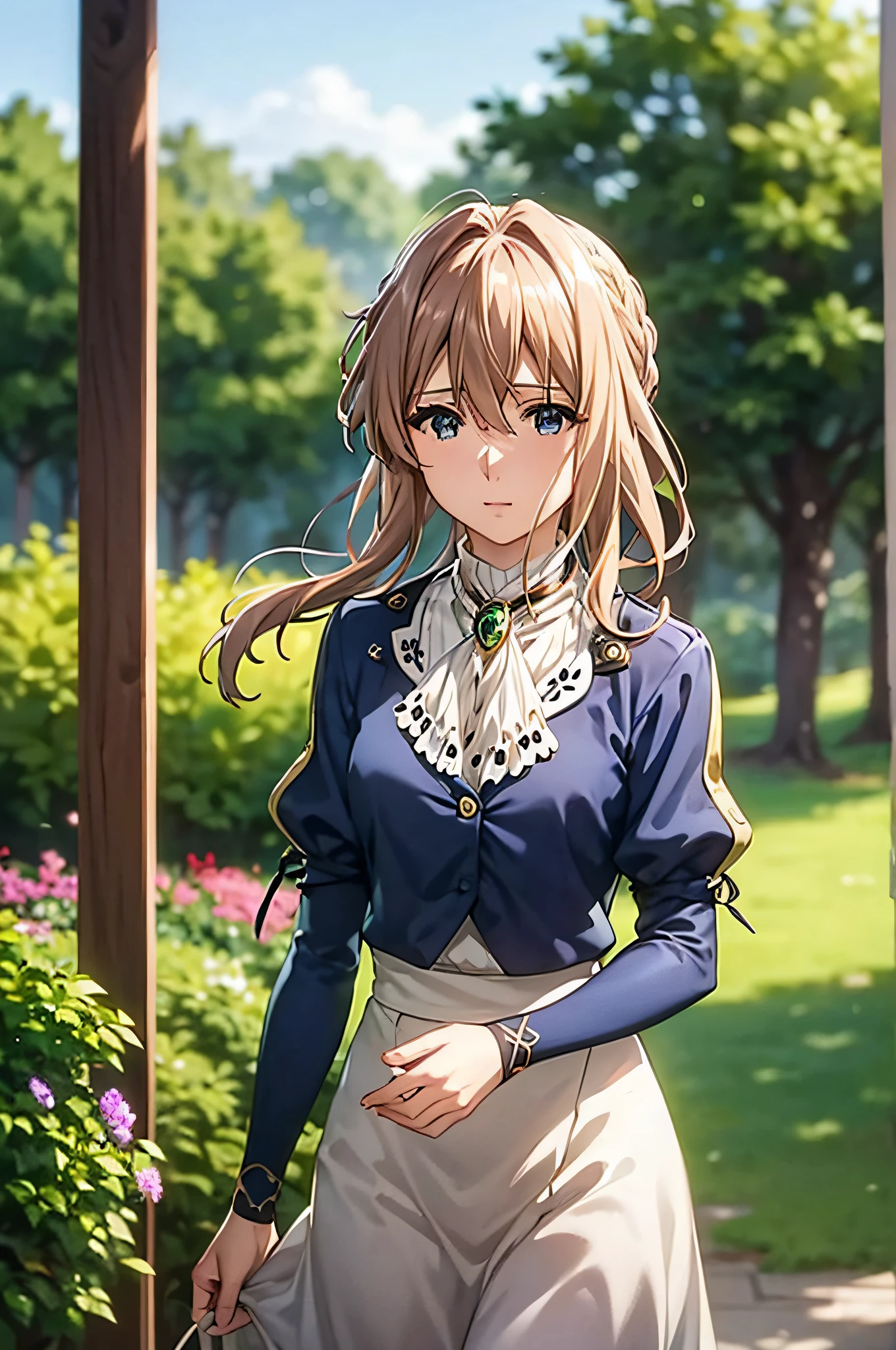 Violet Evergarden,masutepiece, Best Quality, 1girl in, Solo, Blonde hair, Blue eyes, hair between eye, Looking at Viewer, bow ribbon, Red Ribbon, braid, Hair Ribbon, Jacket, Blue jacket, Jewelry, Bangs, Outdoors, brooches, Hair intake, Anime coloring, ascot, Blurry background, Blurry, White Ascot, tree, Closed mouth, Portrait, Dayglass、extremely details CG, ( Perfect Anatomy),living、extremely details CG, ( Perfect Anatomy),A sense of life