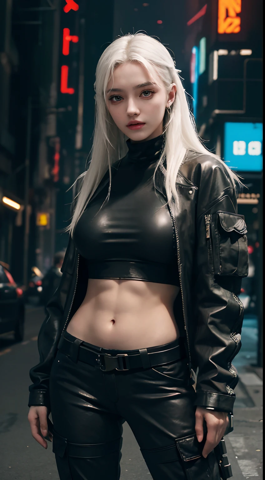 8K, RAW photos, Best quality, Masterpiece: 1.2),(best qualtiy,8K, Yes,32K,masterpiece,hyper HD:1.2) , 20 years old, woman in orange pants and black top with gun in hand, cargo pants. cyberpunk city, cyberpunk style outfit, photograph of a techwear woman, postapocalyptic vibes, cyberpunk outfit, wearing techwear and armor, cyberpunk outfits, cyberpunk fashion clothing, wearing cyberpunk streetwear, postapocalyptic style, cyberpunk clothes, cyberpunk streetwear, apocalyptic style, white long straight hair, perfect boobs, white hair color, abs, skinny body, 170 cm heihgt