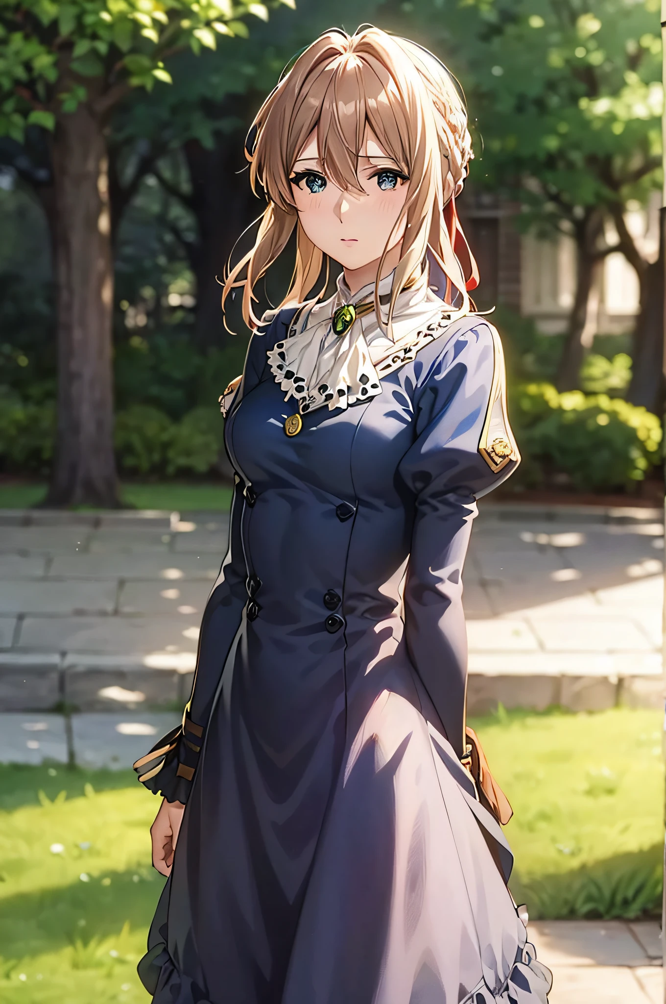 Violet Evergarden,masutepiece, Best Quality, 1girl in, Solo, Blonde hair, Blue eyes, hair between eye, Looking at Viewer, bow ribbon, Red Ribbon, braid, Hair Ribbon, Jacket, Blue jacket, Jewelry, Bangs, Outdoors, brooches, Hair intake, Anime coloring, ascot, Blurry background, Blurry, White Ascot, tree, Closed mouth, Portrait, Dayglass、extremely details CG, ( Perfect Anatomy),living、extremely details CG, ( Perfect Anatomy),A sense of life