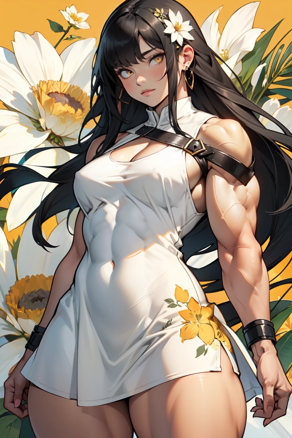 ((((1girl muscular thick thighs)))) pale skin black hair very long hair yellow eyes small breasts sundress floral background