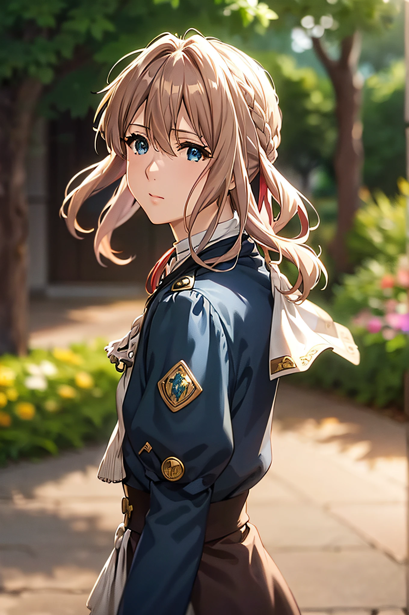 Violet Evergarden,masutepiece, Best Quality, 1girl in, Solo, Blonde hair, Blue eyes, hair between eye, Looking at Viewer, bow ribbon, Red Ribbon, braid, Hair Ribbon, Jacket, Blue jacket, Jewelry, Bangs, Outdoors, brooches, Hair intake, Anime coloring, ascot, Blurry background, Blurry, White Ascot, tree, Closed mouth, Portrait, Dayglass、extremely details CG, ( Perfect Anatomy),living、extremely details CG, ( Perfect Anatomy),A sense of life