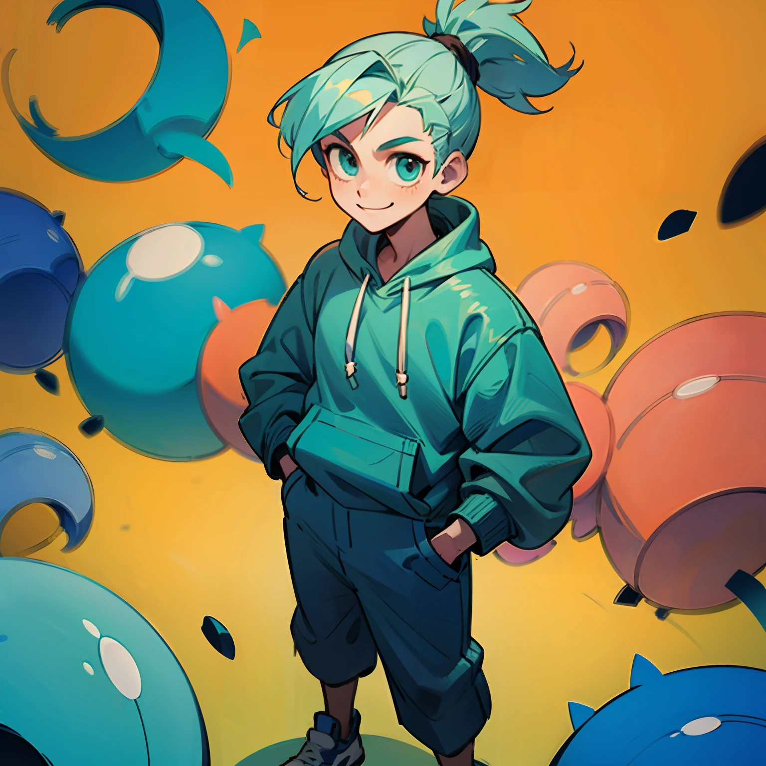 ((solo)), boy character, blue and mint colors, hoddie, fighter, smile, hands in pocket, ponytail, view from above