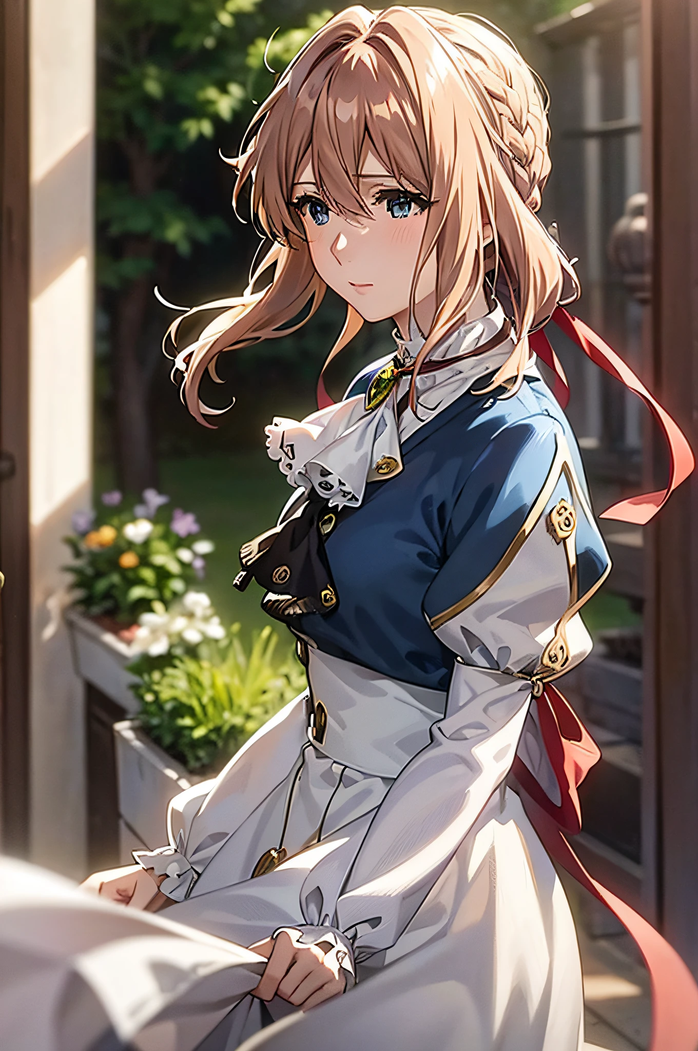 Violet Evergarden,masutepiece, Best Quality, 1girl in, Solo, Blonde hair, Blue eyes, hair between eye, Looking at Viewer, bow ribbon, Red Ribbon, braid, Hair Ribbon, Jacket, Blue jacket, Jewelry, Bangs, Outdoors, brooches, Hair intake, Anime coloring, ascot, Blurry background, Blurry, White Ascot, tree, Closed mouth, Portrait, Dayglass、extremely details CG, ( Perfect Anatomy),living、extremely details CG, ( Perfect Anatomy),A sense of life