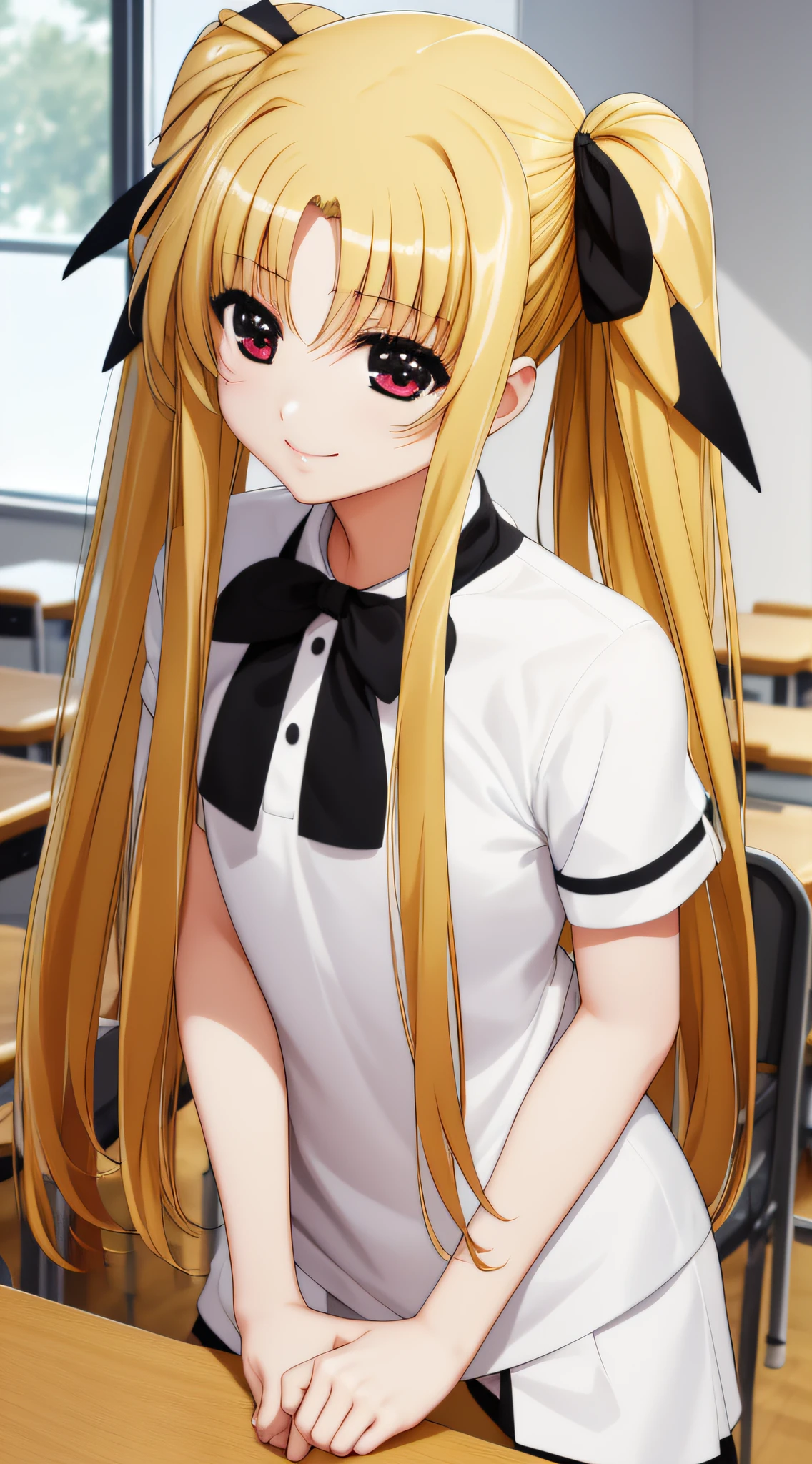 Fate Testarossa、one girls、length hair、Twin-tailed、a black ribbon、A smile、
(a closeup:1.2)、
Indoor、((Classroom ))、 (masutepiece:1.2), Best Quality, High resolution, Unity 8k壁纸, (Illustration:0.8),extra detailed face, Perfect Lighting, extremely details CG, (Perfect hands, Perfect Anatomy)、Poses in motion、A sense of life
