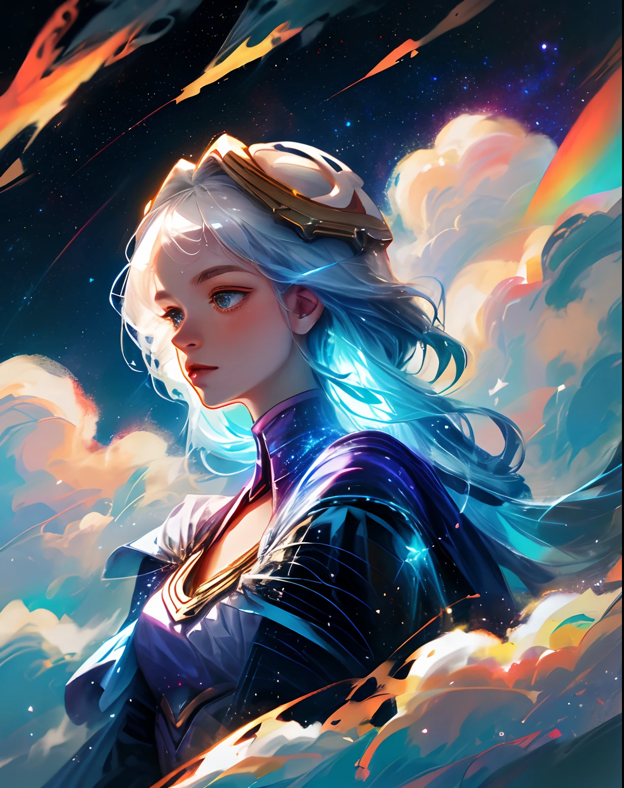 celestial goddess, floating, clouds,galaxy,nebula