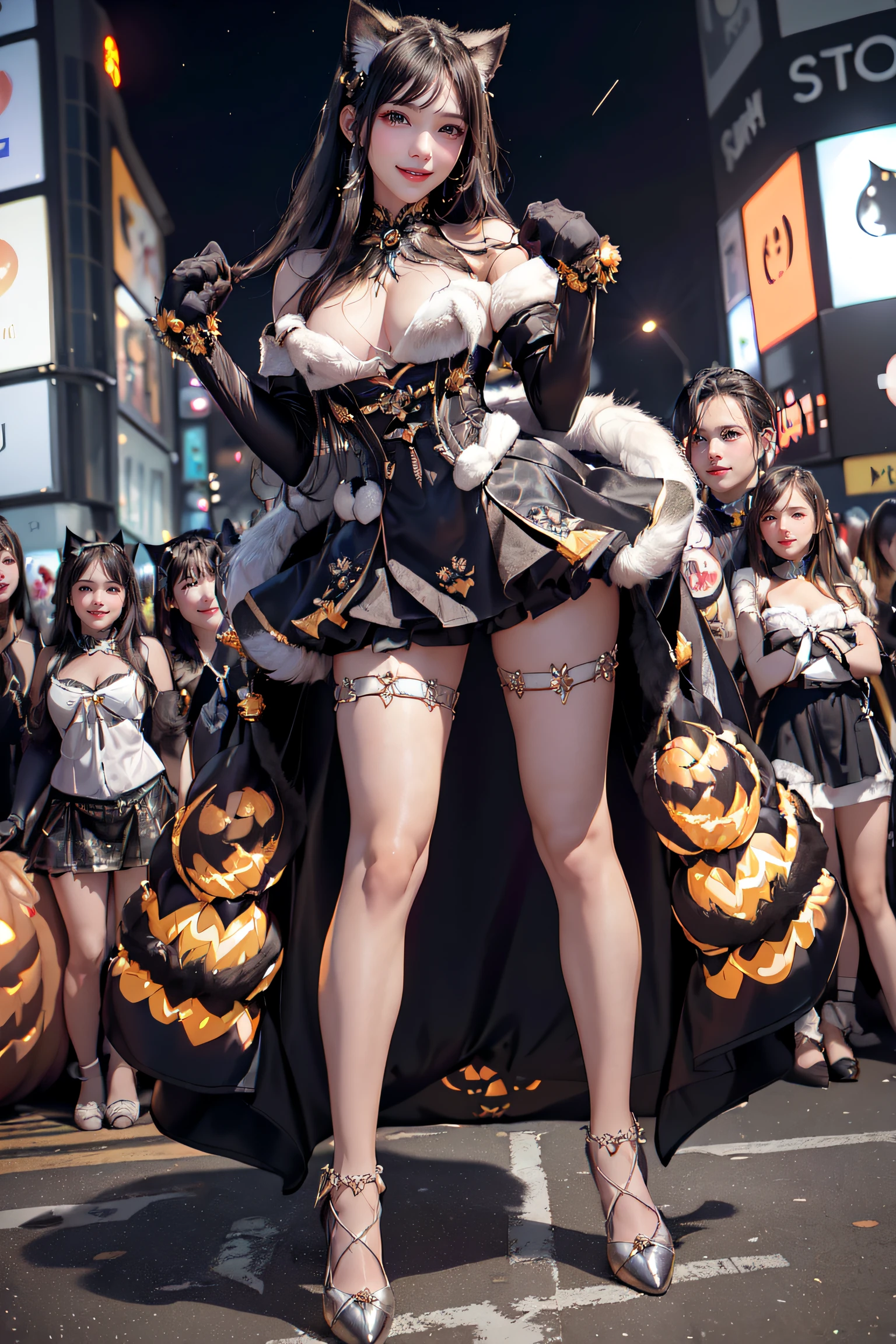 masterpiece, top-quality, top-quality, Beautifully Aesthetic:1.2, ((1girl)), Halloween night, ((Wearing a high-quality costume of fur of cat, gloves of cat, cat paw-shaped shoes, fur miniskirt):1.2), (Silver pin heels:1.1), high detailed, (Standing with paw pose:1.3), large breasts, firm breast, nicely shaped breasts, slender figure,
((Dark Brown Hair)), wavy hair, (medium long hair:1.2),
((in the middle of very crowded Shibuya's scramble crossing at late night:1.2)), ((Surrounded by many people wearing Halloween costumes:1.2)), (Full body shot:1.1), (From below),