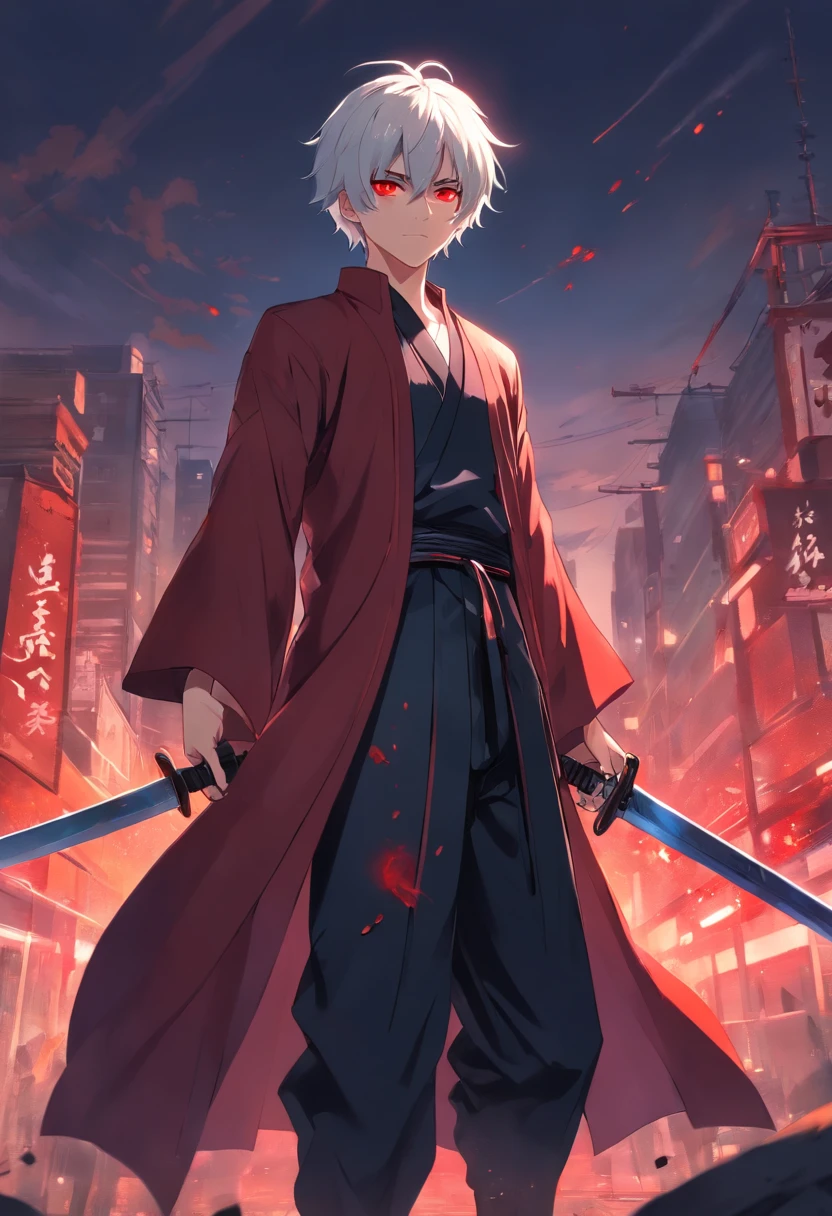 Young man with white hair、It is blood-red eyes dressed in a black costume with silver accents holding a glass sword animesque,Sharp eyes,Black Hakama,short-haired