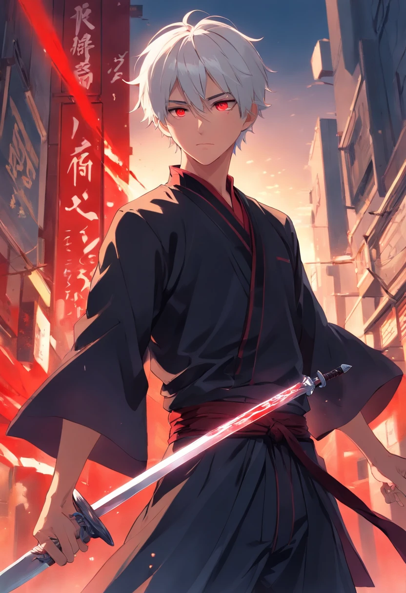 Young teenage man with white hair、It is blood-red eyes dressed in a black costume with silver accents holding a glass sword　animesque，Sharp eyes，Black Hakama，short-haired