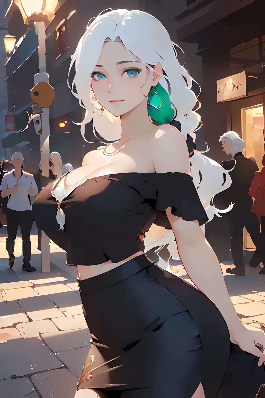 ((large breasts)), (white hair with black strands), (low-braided long wavy hair: 1.9), (jewels), ( detailed, perfect, beautiful, exotic, special, unique, charming, hypnotic, breathtaking, skindentation, masterpiece, high quality, high resolution, extremely detailed, sharpness, intricate, high quality_textures, high resolution_textures, absurdres, sharp details, award_winning, bokeh, rule_of_thirds, moody lighting, detailed shadows, light diffusion, white_balance, Realism, RAW_Image, realistic, photorealistic environment), (exotic woman), ((hair over one eye: 1.9)), (tan skin: 1.9), (emerald eyes: 1.2), (adult woman), (tsurime: 1.9), (large size), (kind smile: 1.9), (soft full lips), long lashes, expressive eyes, (off-shoulder shirt: 1.9), (pencil skirt: 1.9)