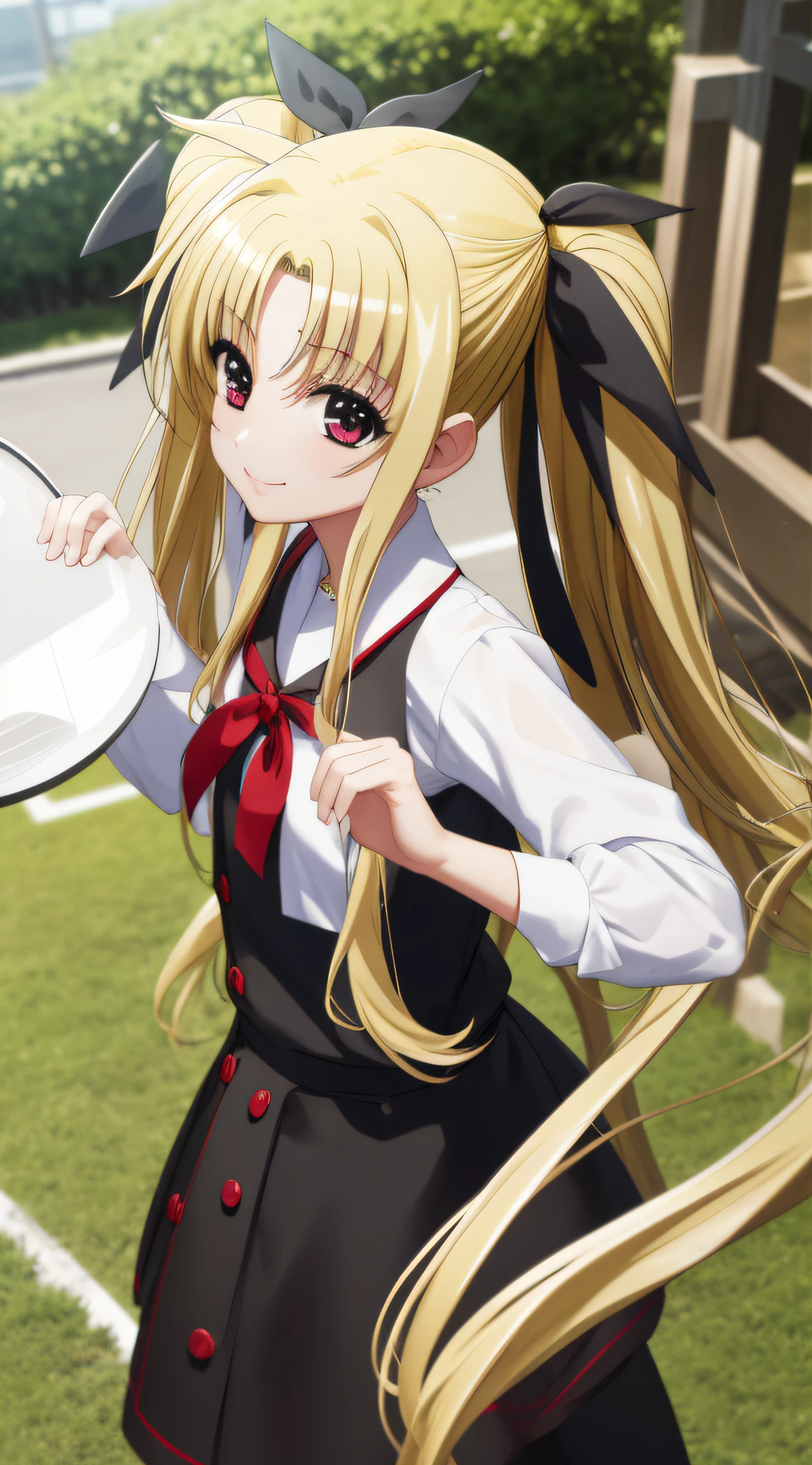 Fate Testarossa、one girls、length hair、Twin-tailed、a black ribbon、A smile、
(a closeup:1.2)、looking at the viewers、
plein air、primary school、 (masutepiece:1.2), Best Quality, High resolution, Unity 8k壁纸, (Illustration:0.8),extra detailed face, Perfect Lighting, extremely details CG, (Perfect hands, Perfect Anatomy)、Poses in motion、A sense of life