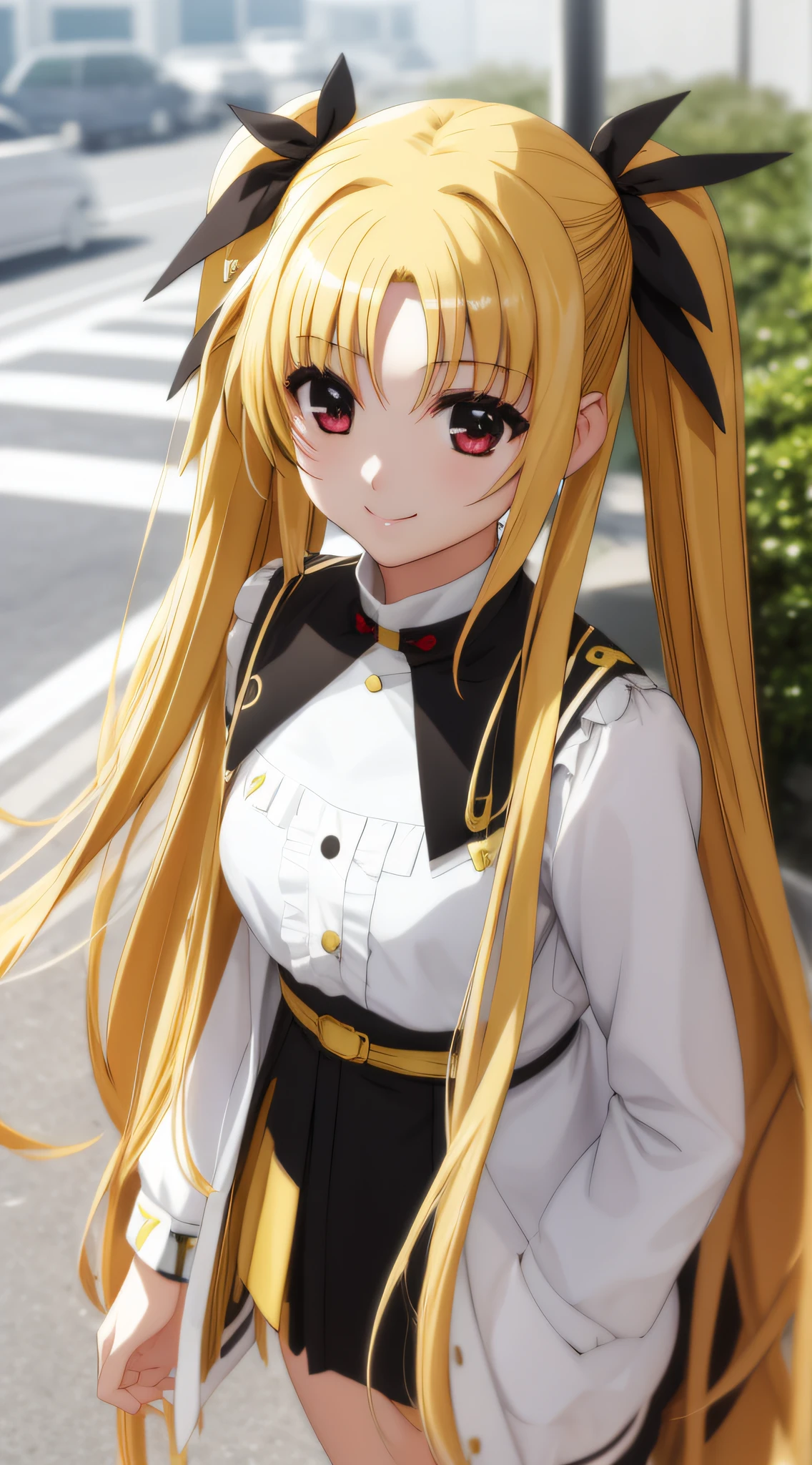 Fate Testarossa、one girls、length hair、Twin-tailed、a black ribbon、A smile、
(a closeup:1.2)、looking at the viewers、
plein air、A city scape、 (masutepiece:1.2), Best Quality, High resolution, Unity 8k壁纸, (Illustration:0.8),extra detailed face, Perfect Lighting, extremely details CG, (Perfect hands, Perfect Anatomy)、Poses in motion、A sense of life