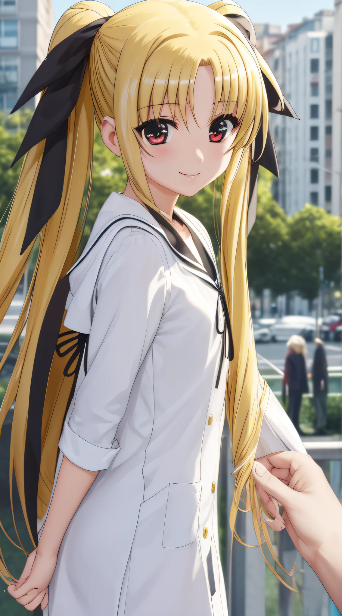 Fate Testarossa、one girls、length hair、Twin-tailed、a black ribbon、A smile、
(a closeup:1.2)、looking at the viewers、
plein air、A city scape、 (masutepiece:1.2), Best Quality, High resolution, Unity 8k壁纸, (Illustration:0.8),extra detailed face, Perfect Lighting, extremely details CG, (Perfect hands, Perfect Anatomy)、Poses in motion、A sense of life